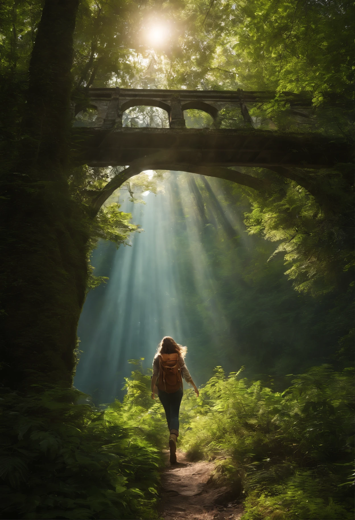 (best quality,Realistic,Alto:1.2),mulher segurando um mapa, caminho que leva a uma floresta, Visible backpack strap,cabelos escuros, camisa branca de manga curta, long jeans, botas pretas, mochila totalmente embalada, sunlight filtering through the trees, folhagem verde exuberante, senso de aventura, exploration.