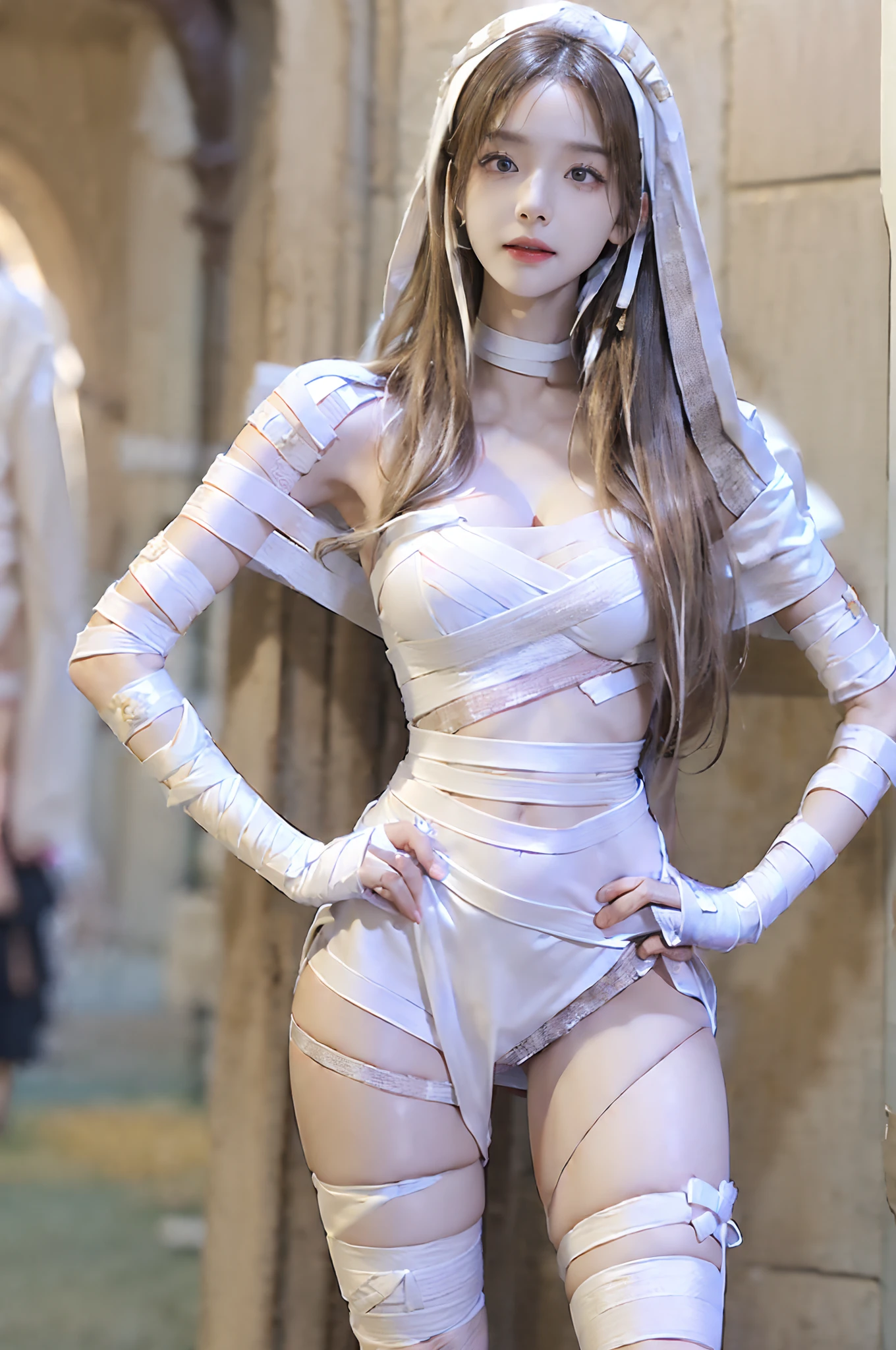 ((top-quality、8K、masterpiece:1.3))、Full body posture、foco nítido:1.2、(realisitic、Photorealsitic:1.37)、((beautiful smiling face))、Gaze towards the viewer、Beautiful Face Woman、32years old、pointed chest、long eyeslashes、Colorcon、beutiful breast 、delicated、Very detailed eyes、Highly detailed eyebrows、(Sharp Eyebrows)、(Thin eyebrows)、very vey very detailed face、((Brunette short disheveled hair)),Clothed、Detailed background(8K、masterpiece、top-quality、Raw foto) 、graveyard background、coffin、(((((Wear only a bandage))))、
(((Costume with white bandages all over the body)))、(((Dress up in a mummy costume )))、((((bandaged))))、(((white stockings)))、(((Accentuated body lines:1.3)))、(((A bandage that tightly wraps around the body:1.3)))