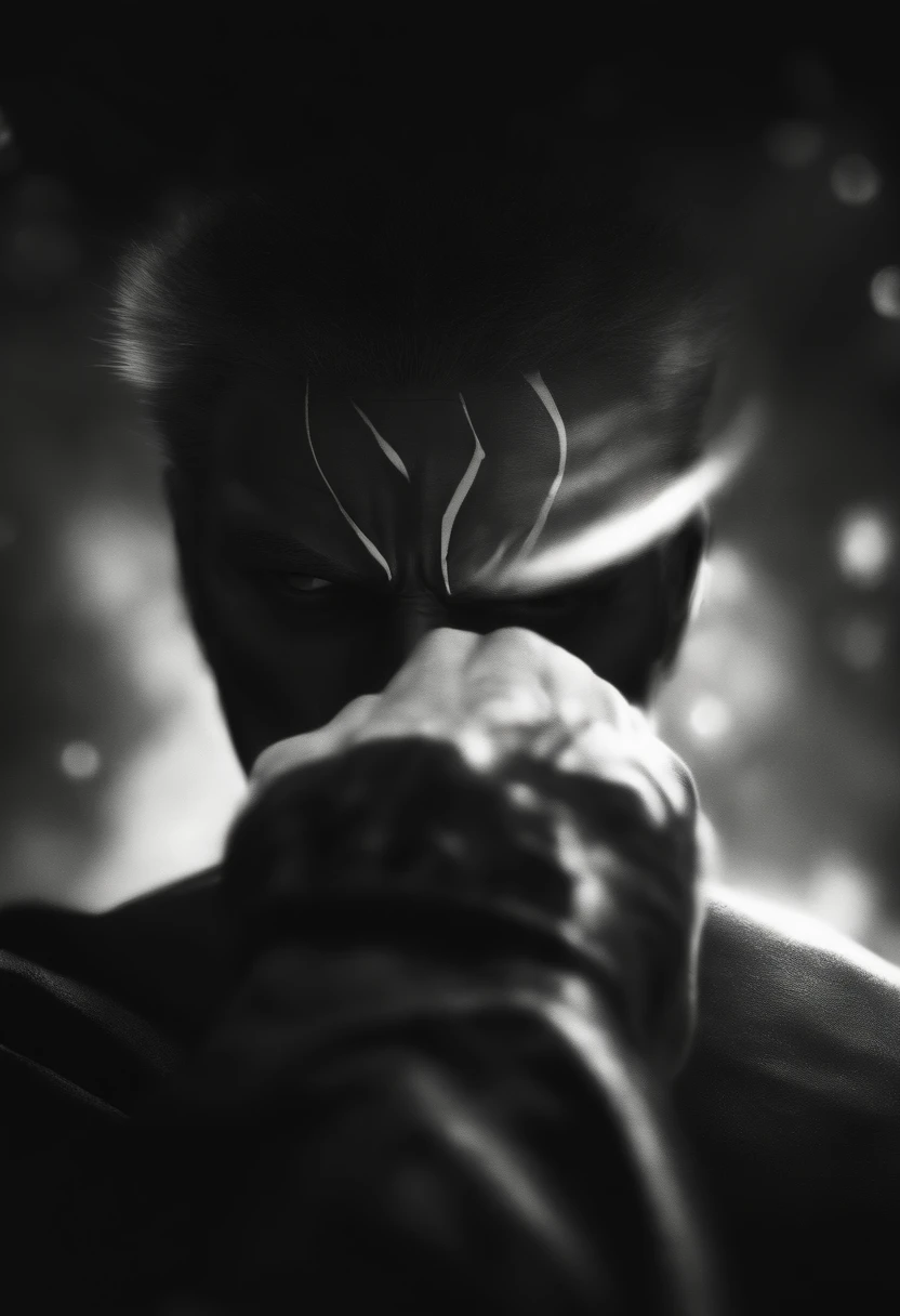 A detailed illustration of Roronoa Zoro with a dark aura, expression serious.