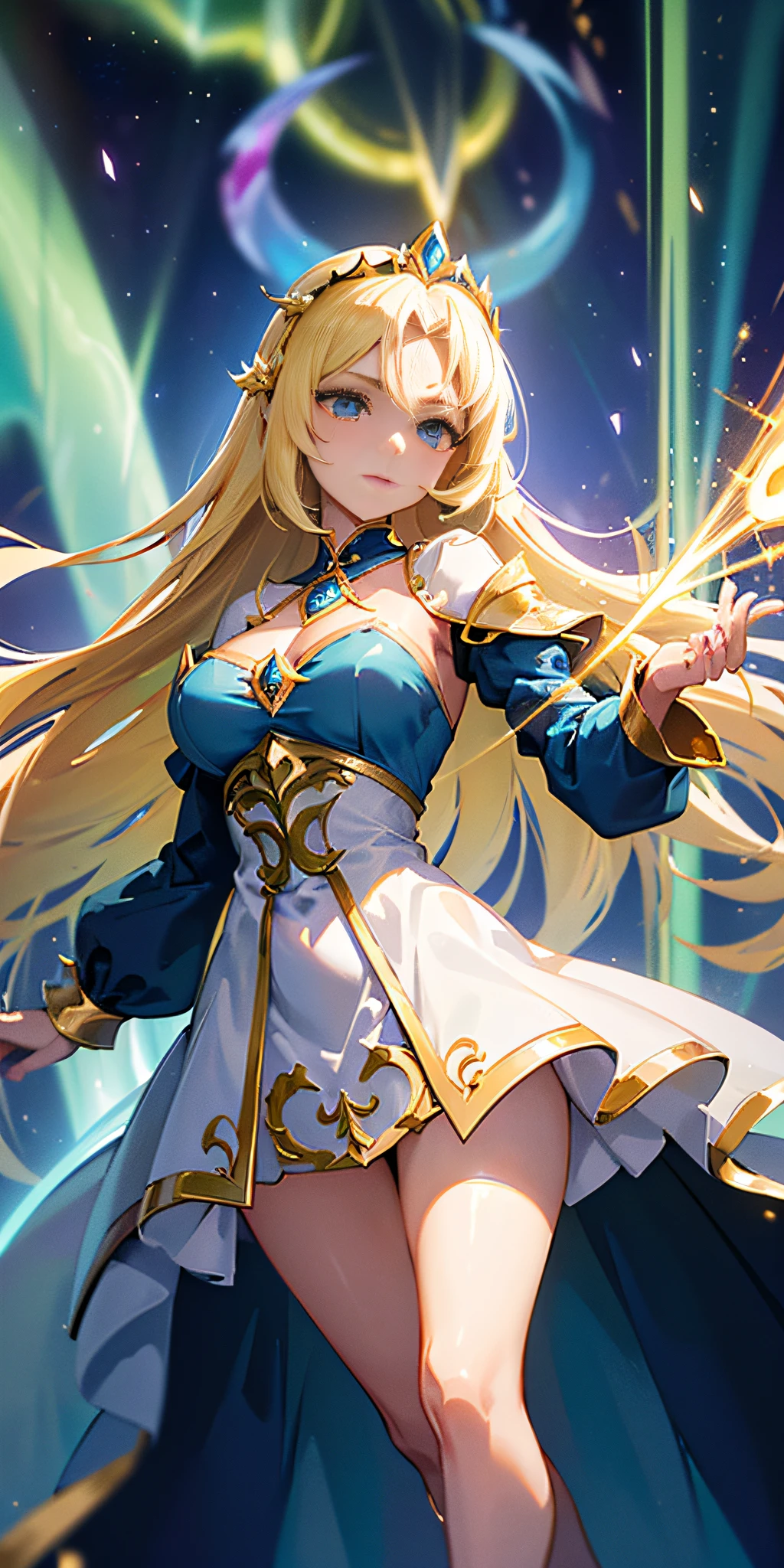 beautiful elven female bishop of the cathedral, cool beauty, piercing blue eyes, shoulder-length blonde hair, make-up, amorous and lewd face, great proportion, wearing splendid white, light blue and gold bishop's uniform and crown, large staff embedded with purple jewel, (ultra detailed, absolutely resolution, best quality:1.3), 2.5D, delicate and dynamic, foggy effects, glitter effects