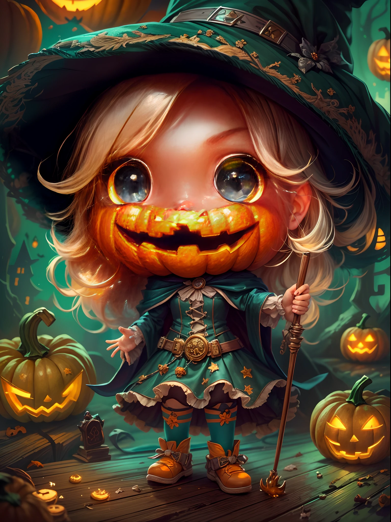 (tmasterpiece),（ultra - detailed：1.3），best qualtiy，（glittery:1.2），（Fantasy Halloween world:1.4），(Van Gogh-style Halloween: 1.5),（Remaining months），(((Delicious sweets，Cute girl wizard，Pumpkin monsters，mummy，super heroes, and other Halloween decorations))), Fantasy world, Cute cartoon design style, the night，Skysky，Zangetsu，vibrant with colors，brightly，1.4x realism，hyper HD，It is displayed in this beautiful scene，（The is very detailed，reasonable design，Clear lines，High- sharpness，tmasterpiece，offcial art，movie light effect，8K）, DruidMagicAI, m0nstrcrz