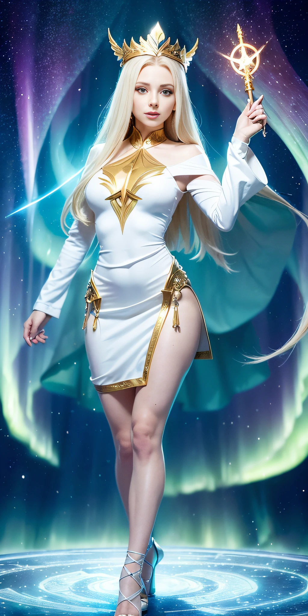 random view of the 4 cardinal points, ((The Enchantress surrounded by blue-gold energy mystical aurora with chaotic astral appearance, rays of light, atmosphere of chaos, field of fire and glowing fathoms)), (she has a symmetrical, angular and expressive face. Her eyes are green, her nose and mouth are medium in size. Her cheekbones are high and prominent, and her forehead is wide), (she is a tall and slender woman, with long blonde hair, her skin is pale. She wears a white dress with long sleeves and 30% miniskirt, bare thighs), The Sorceress comes with her winged helmet and the Staff of Zoar, legs open, standing in the main hall of the castle, intricate details, back side lighting, background golden blue mystical energy around