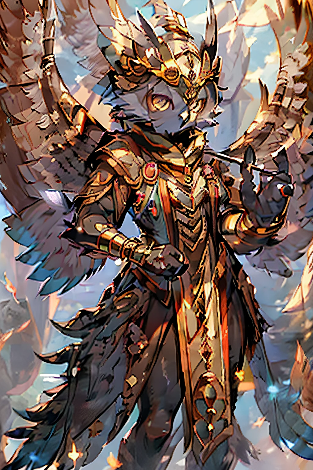 (best quality, highres, ultra-detailed:1.2), HDR,Female, Owl person, bird Beak (detailed eyes:1.1), (beautiful detailed eyes:1.1), (extremely detailed eyes:1.1), (portrait), (concept artists), Alchemist, Magic, (heavy textured oil painting), Breastplate, (realistic metal shine), (ornate:1.1), travel skirt, (flowing fabric), (vivid colors), (rich color palette), (dramatic lighting), (magical atmosphere), potion in hand, (glowing potion), (mysterious aura), (smoke effects), (sparkling particles), left wing normal, (detailed feathers), (feathery texture).