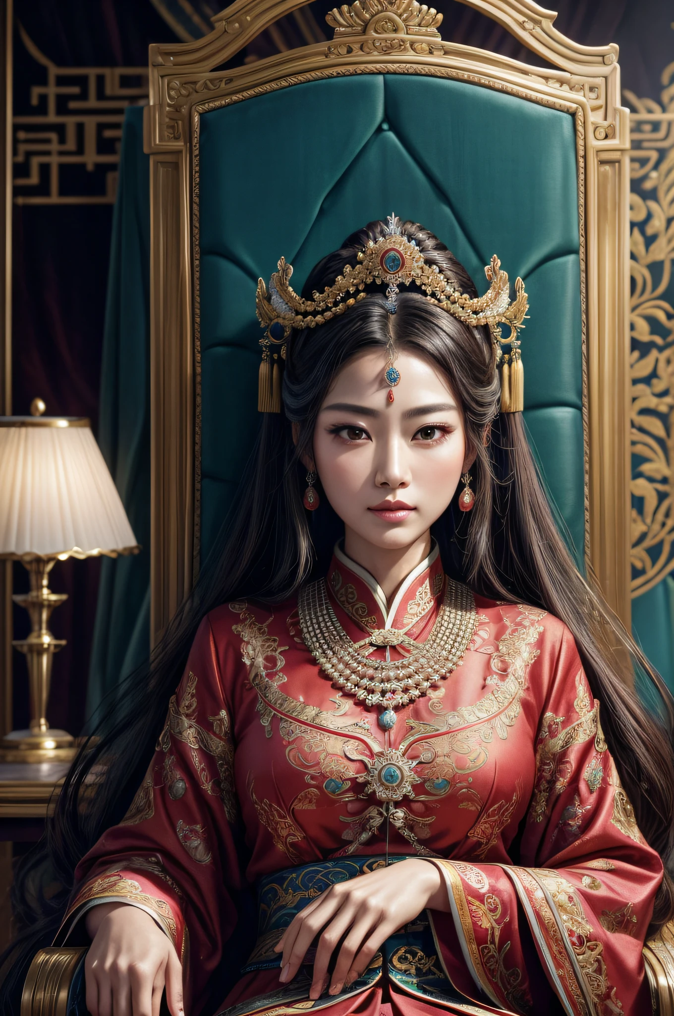 (best quality,4k,8k,highres,masterpiece:1.2),ultra-detailed,(realistic,photorealistic,photo-realistic:1.37),impressive scene,grandeur of the Tang Dynasty,Chinese empress Wu Zetian,holding court,powerful and regal,imperial palace,ornate hall,elaborate throne,opulent decorations,exquisite costumes,attendants,followers,empress's commanding presence,serious expression,vibrant colors,splendid attire,royal authority,dignified atmosphere,aurora lighting,colorful silk drapes,intricate patterns,onlookers in awe,historical significance,enduring legacy,cultural impact,imperial power and influence,luxurious tapestries,elaborate hairstyles,ornamental headpieces,meticulously painted details,impressive facial features,calm and composed demeanor,endless admiration and respect,breathtaking scene,immersive experience.