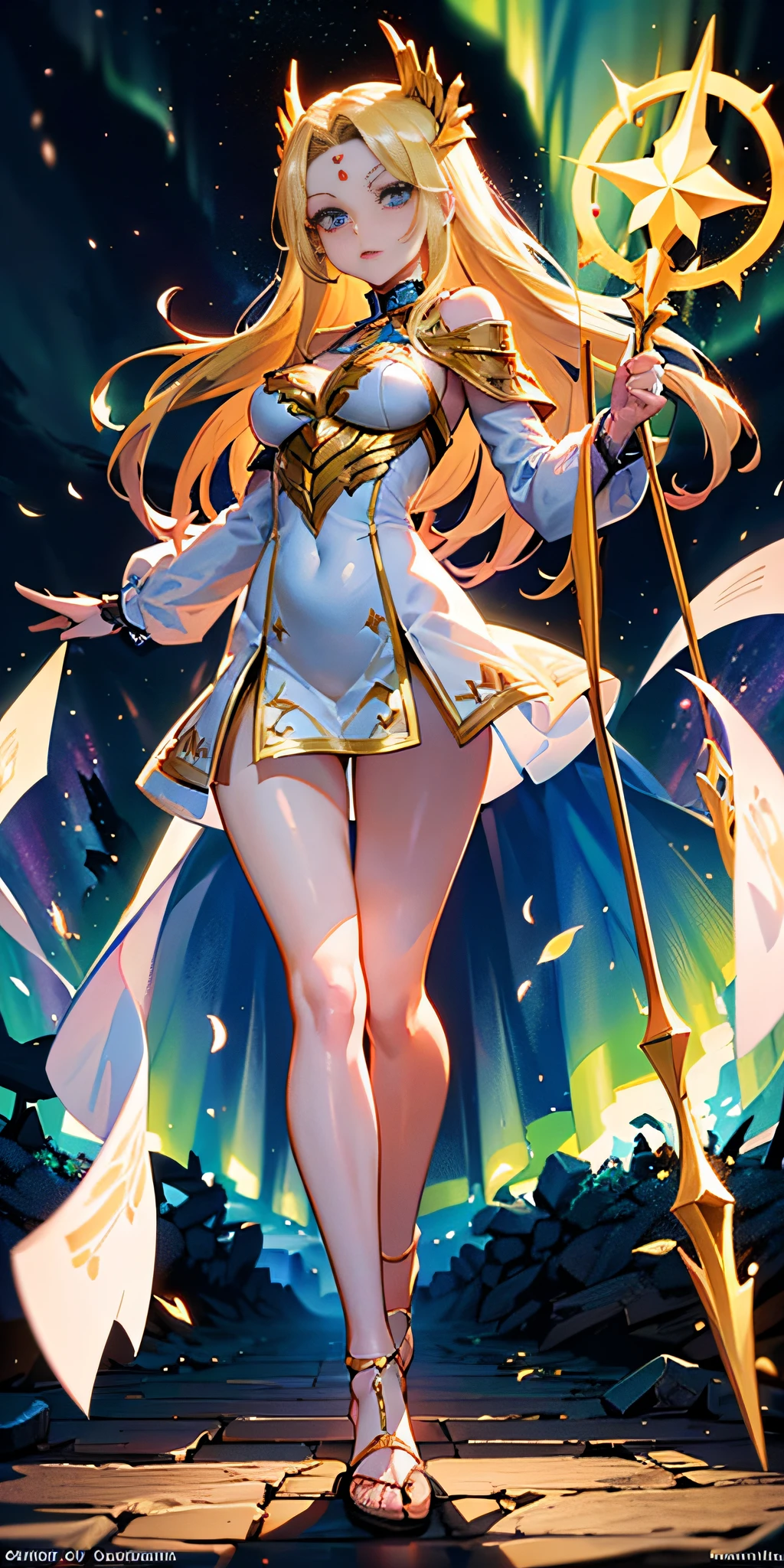 ​masterpiece、top-quality、(Blonde colored long hair、I have bangs:1.1)、(25 year old woman)、 (gold eyes:1.5)、(Big round eyes:1.5)、(Emphasis on the chest:0.5)、(modest smile expression:1.3)、(Staring:1.5)、(Close-up of the subject's face:0.5)、
golden flame wizard dress、(wizard’s wand with red gem:1.5)、golden flame wizard hat、floating fireballs、
five perfect and beautiful fingers、Bust Shot、
Alone、Open your mouth、Fearless smile、(middle Breasts:1.3)、(Glowing Skin:1.2)、(dynamic pose hand holding a sword gripping one Rapier in hand:1.3)、Uplifting、Have a rapier grip、midriff peek、Off the shoulder、(Camel toe)、
have to pee,covering crotch:1.5,knees together feet apart,(((crotchAngle,head out of frame,lower body,hands between legs,close-up,crotch aparts, crotch focus))),