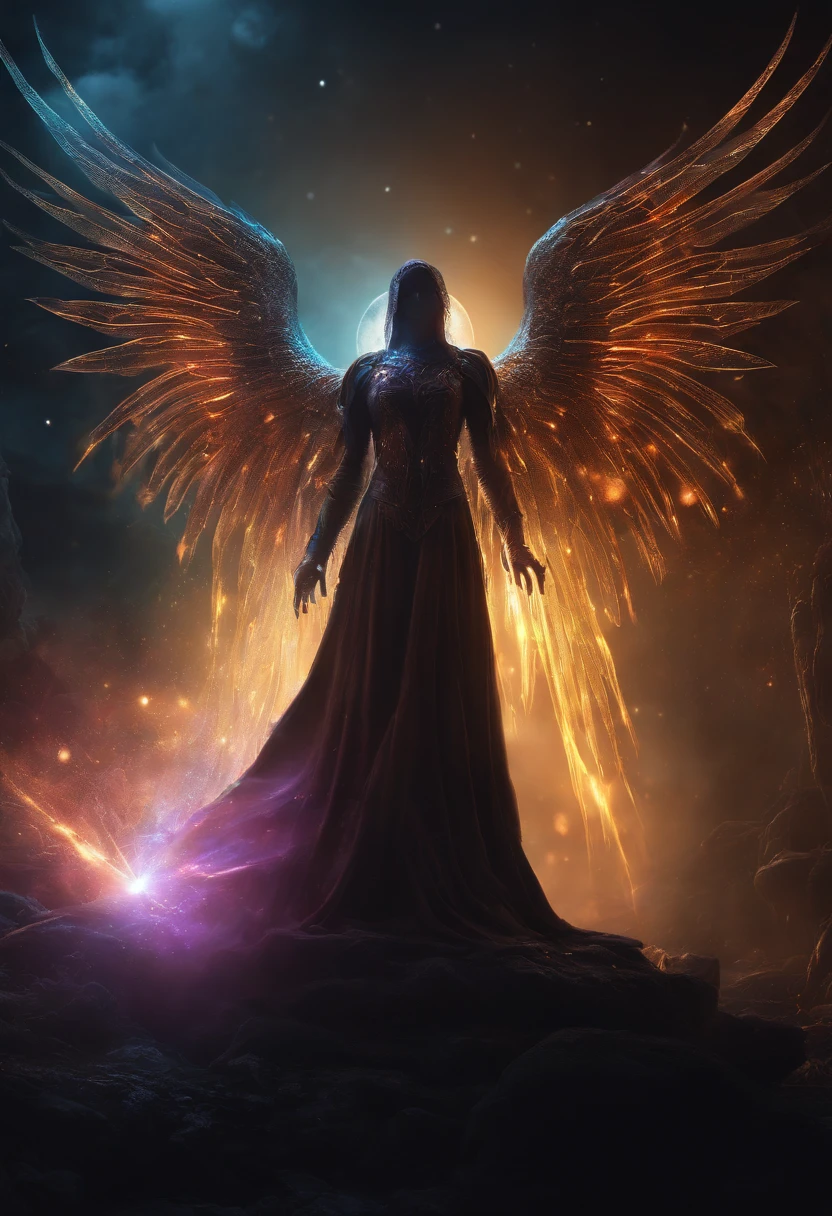 Cosmic Fallen Angel, glowing light eyes, Biomechanical, eerie, Creepy, nightmarish, Very bright colors, Light particles, with light glowing, Mshiff, wallpaper art, UHD wallpaper