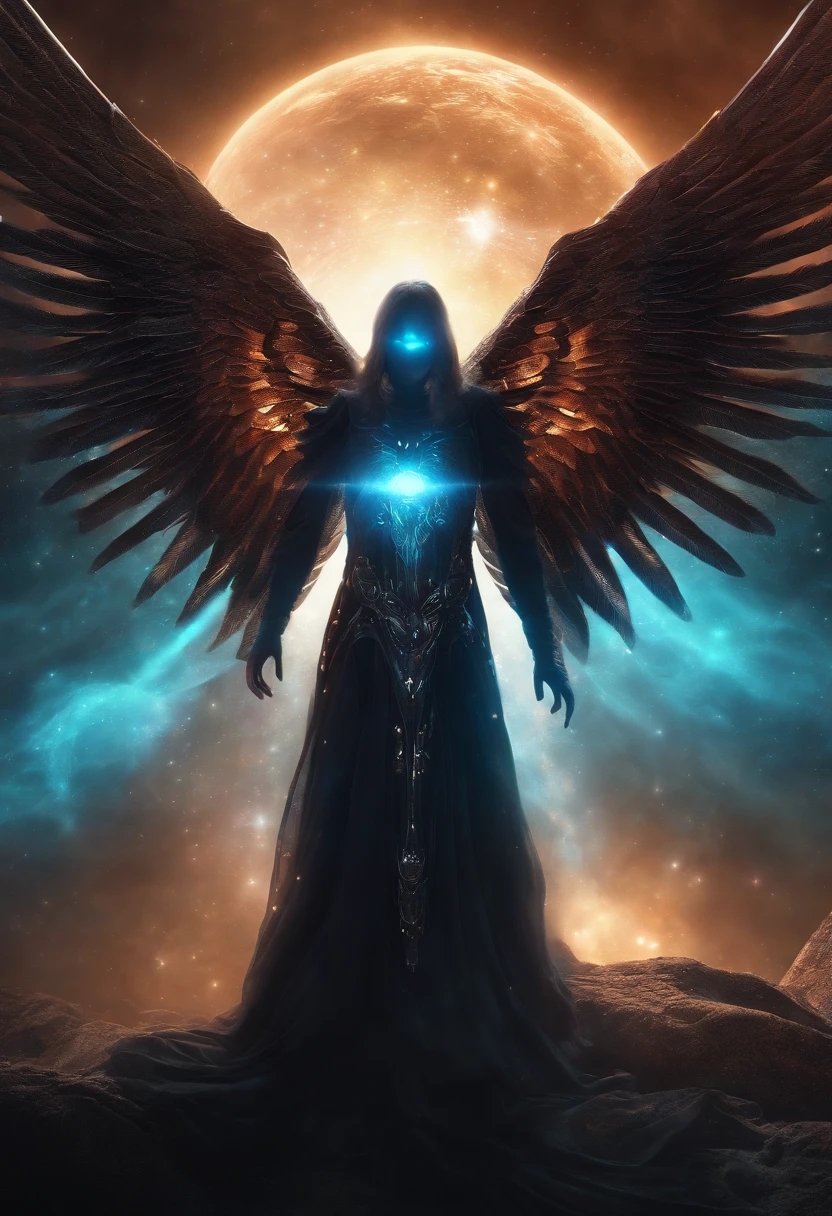 Cosmic Fallen Angel, glowing light eyes, Biomechanical, eerie, Creepy, nightmarish, Very bright colors, Light particles, with light glowing, Mshiff, wallpaper art, UHD wallpaper