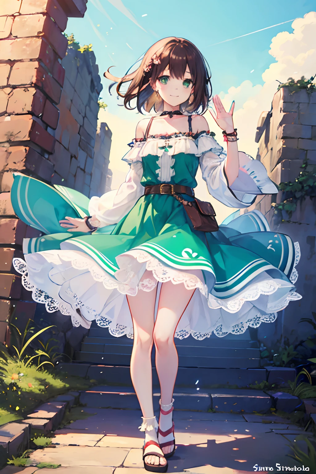 Sasanami Shoko, Valvrabe, 1 girl, Brown hair, Green eyes, Fantasy World, Ruins, Bang, Beautiful sky, shining sky, Sunshine, Smiling, Waving, Ruffled and lace socks, Sandals, wristbands, a belt, ribbon choker, Dresses that blow the wind, Lace dress, Off-shoulder sleeve