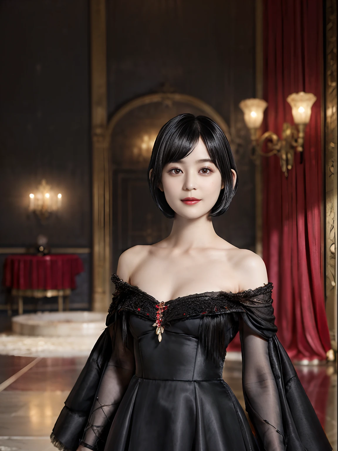 74
(20-year-old princess,is standing), (A hyper-realistic), (Masterpiece), ((black hair shorthair:1.46)), (Silky hair), (breast:1.0), (kindly smile:0.8), red lipsticks, (Luxurious dresses:1.46), Majestic palace