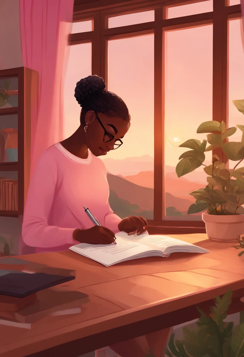 A cute and beautiful (darkskin) girl studying a cozy study desk, sweet sunset serene colour palate, filled with plants and flowers and bookshelf, camera zoomed in at her studying overlooking a beautiful natural scenery, camera shot in a such a way the landscape is more in view with a little of her back showing. (Pink short hair), cozy sweater, holding pen in one hand, well drawn hands