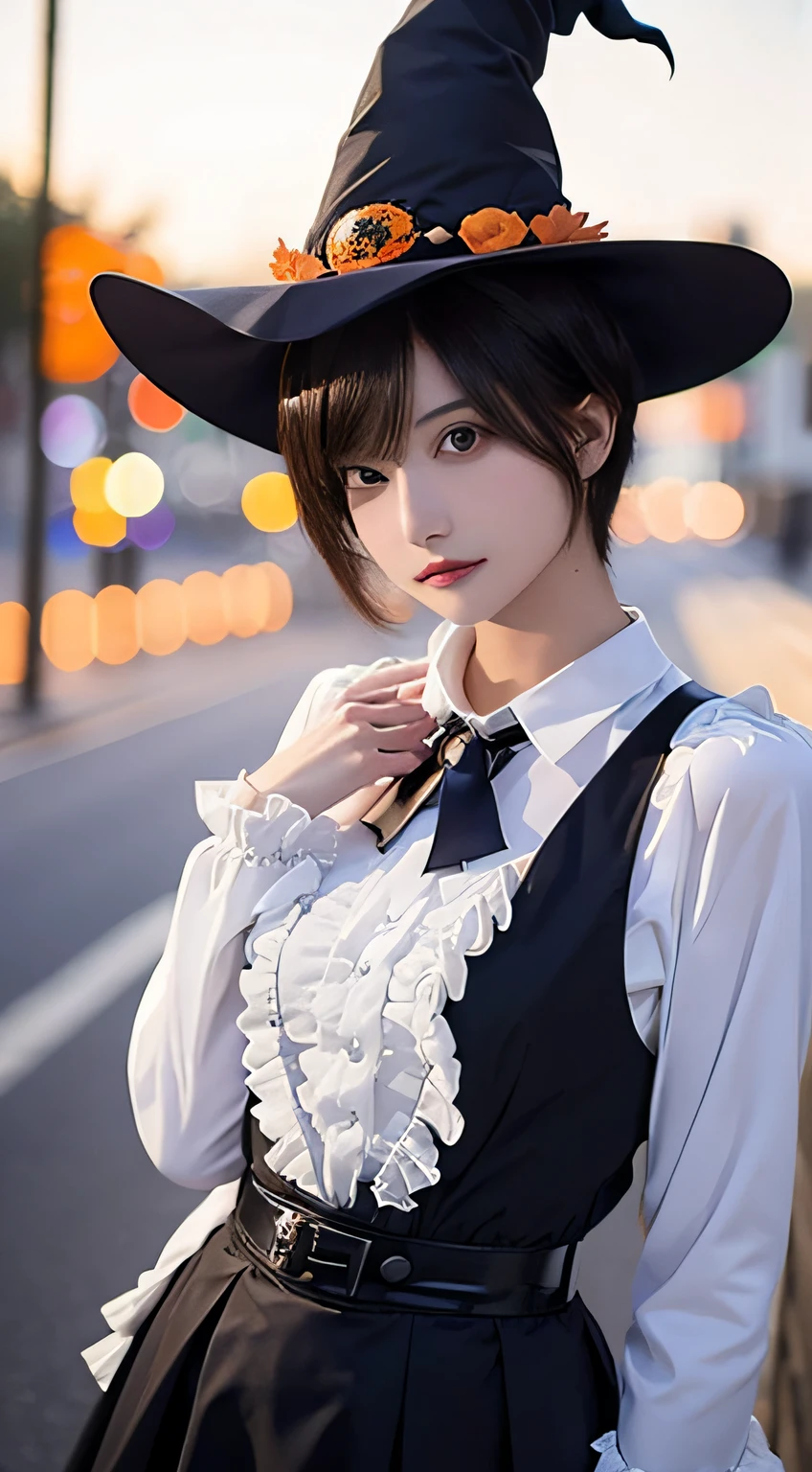 (masutepiece, Best Quality:1.2), 8K, 18year old, 85 mm, Official art, Raw photo, absurderes, White dress shirts, Pretty Face, close up, Upper body, violaceaess, gardeniass, Beautiful Girl, (Detailed Halloween costumes with frills,Witch Hat:1.3), (model poses:1.3), Cinch West, thighs thighs thighs thighs, In the street, Looking at Viewer, No makeup, (Smile:0.4), Film grain, chromatic abberation, Sharp Focus, face lights, clear lighting, Teen, Detailed face, Bokeh background,small tits、slim figure