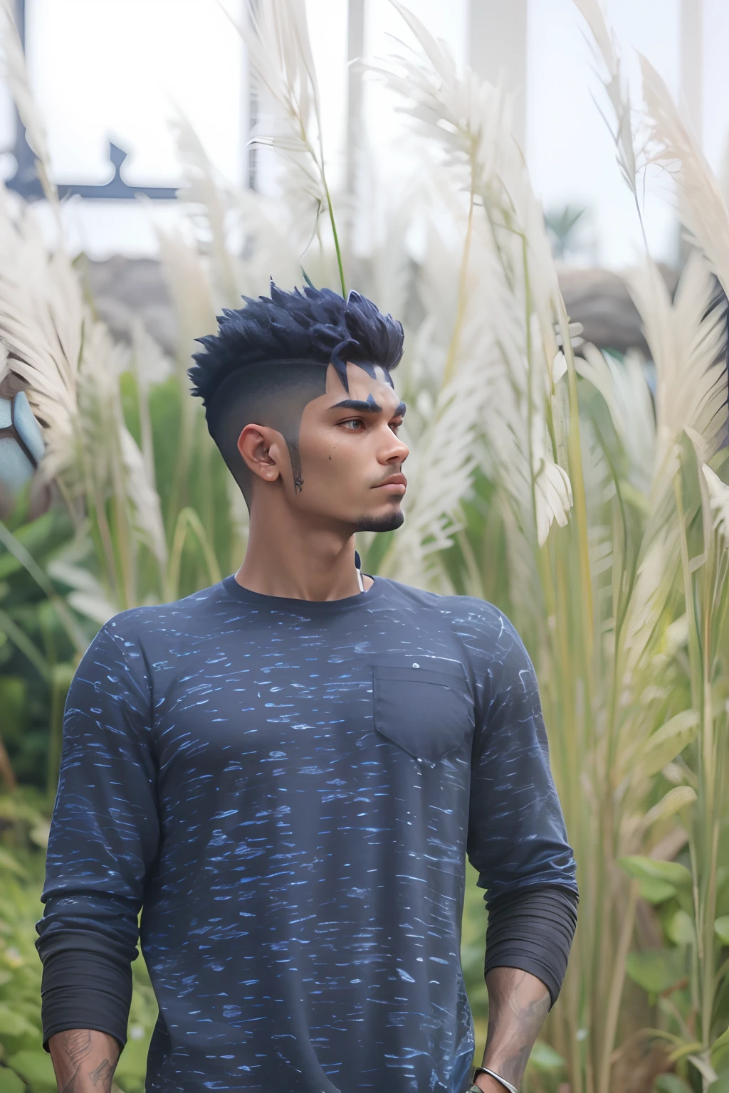 personagem meio-orc verde com armadura de deus da guerra, com corte de cabelo longo Azul escuro e cavanhaque Azul, olhos amarelos, ectomorfo com Poucos musculos
