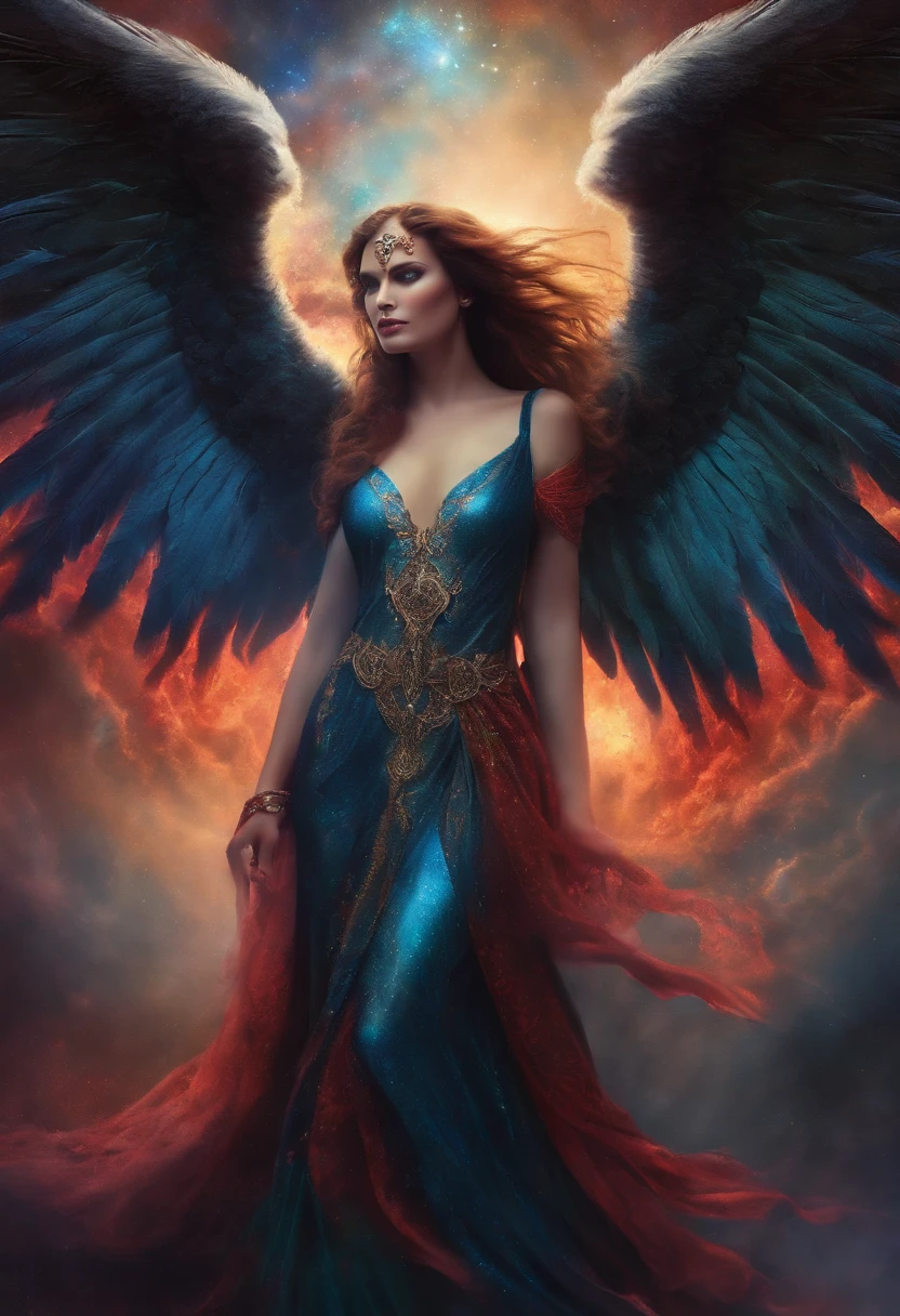 A magical realism painting of a fallen female angel with pale skin, cabello rubio largo y suelto, y tristes ojos azules, arrodillado con enormes alas ardientes hechas de brillantes plumas naranjas y rojas, slowly turning to ashes, The wings spread in a futile attempt to take flight while tormented by pain and despair.., Amid the crumbling remains of once-majestic skyscrapers and temples and temples now reduced to rubble by apocalyptic flames. Use depth of field with the angel in focus to direct the viewer's eye, Vibrant saturation in the fire contrasting with muted grays and blacks in the ruins.