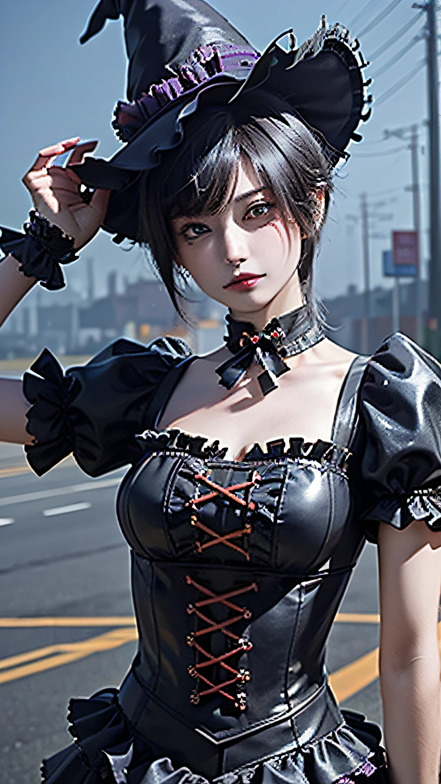 ((top-quality)), ((​masterpiece)), (high-detail:1.3), 。.。.3D, Beautiful fece (cyberpunked:1.3) Colored hair、is looking at the camera,(Detailed Halloween costumes with frills,Witch Hat:1.3),(model poses:1.3),、boob focused、medium breasts⁩、Bright lighting, On the street at night