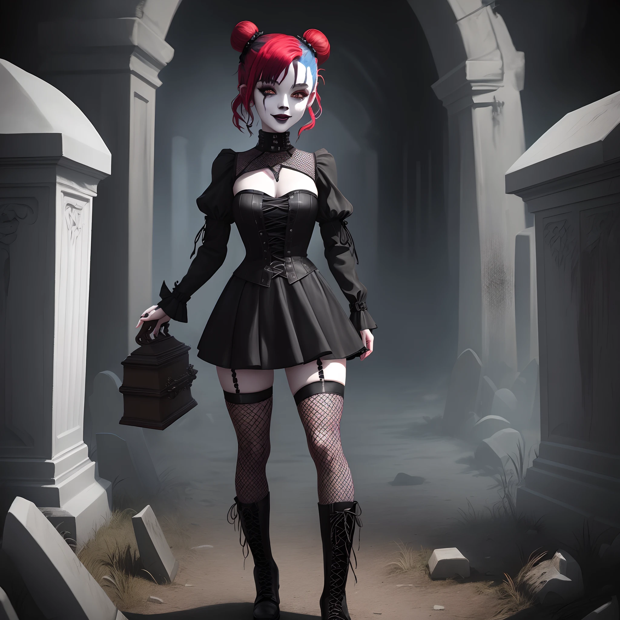 Dark horror fantasy style ite female with red and black split dye hair in space buns on the top of her head solid white eyes and black lipstick smile dressed in a ripped black Gothic style dress covered in blood wearing fishnet tights on legs and spikes combat boots, leaning against tombstone in graveyard while standing beside an open coffin