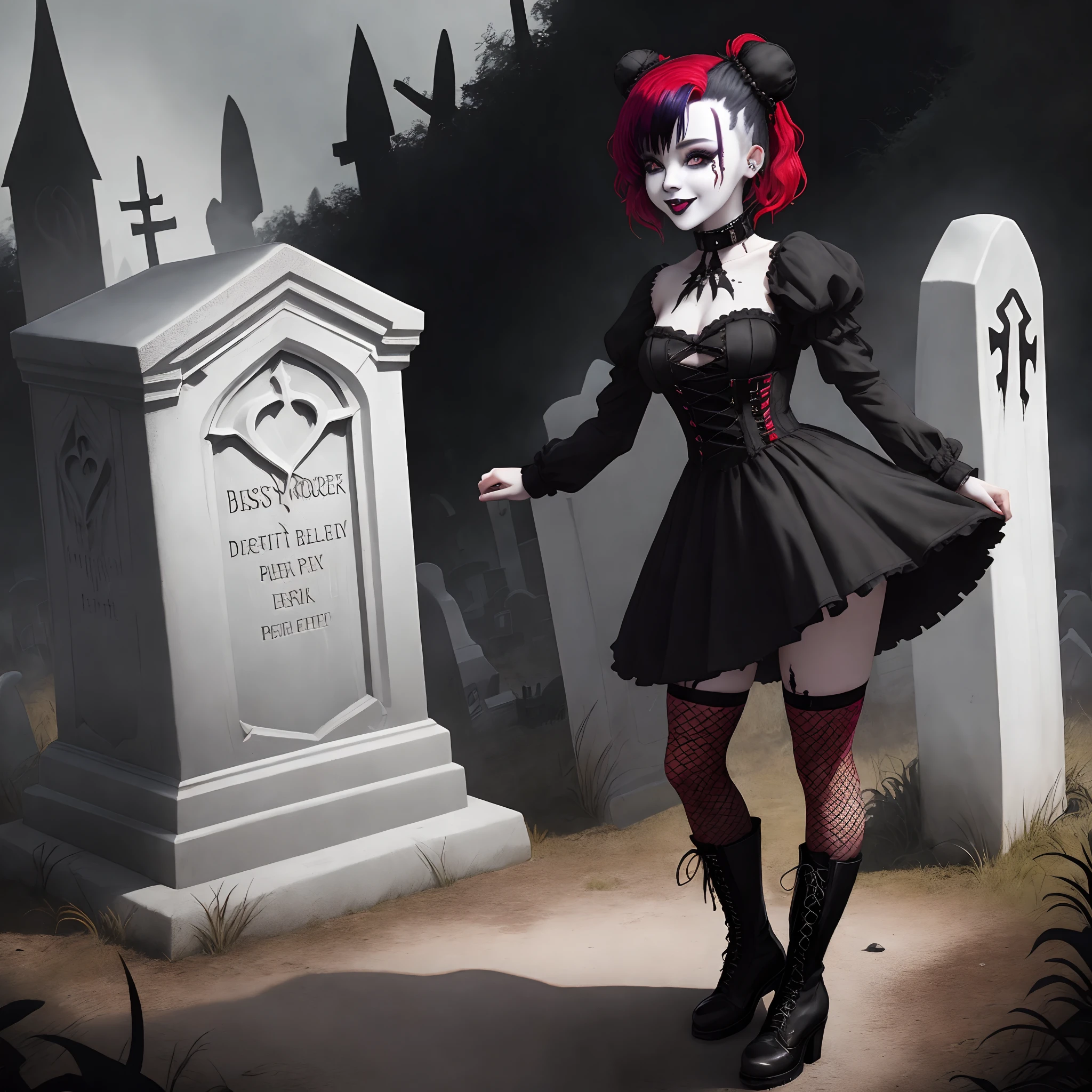 Dark horror fantasy style petite female with red and black split dye hair in space buns on the top of her head solid white eyes and black lipstick smile dressed in a ripped black Gothic style dress covered in blood wearing fishnet tights on legs and spikes combat boots, leaning against tombstone in graveyard while standing beside an open coffin