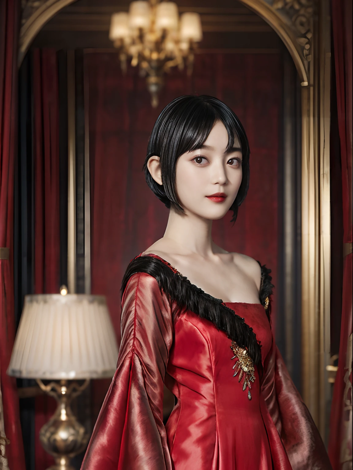 74
(20-year-old princess,is standing), (A hyper-realistic), (Masterpiece), ((black hair shorthair:1.46)), (Silky hair), (breast:1.0), (kindly smile:0.8), red lipsticks, (Luxurious dresses:1.46), Majestic palace