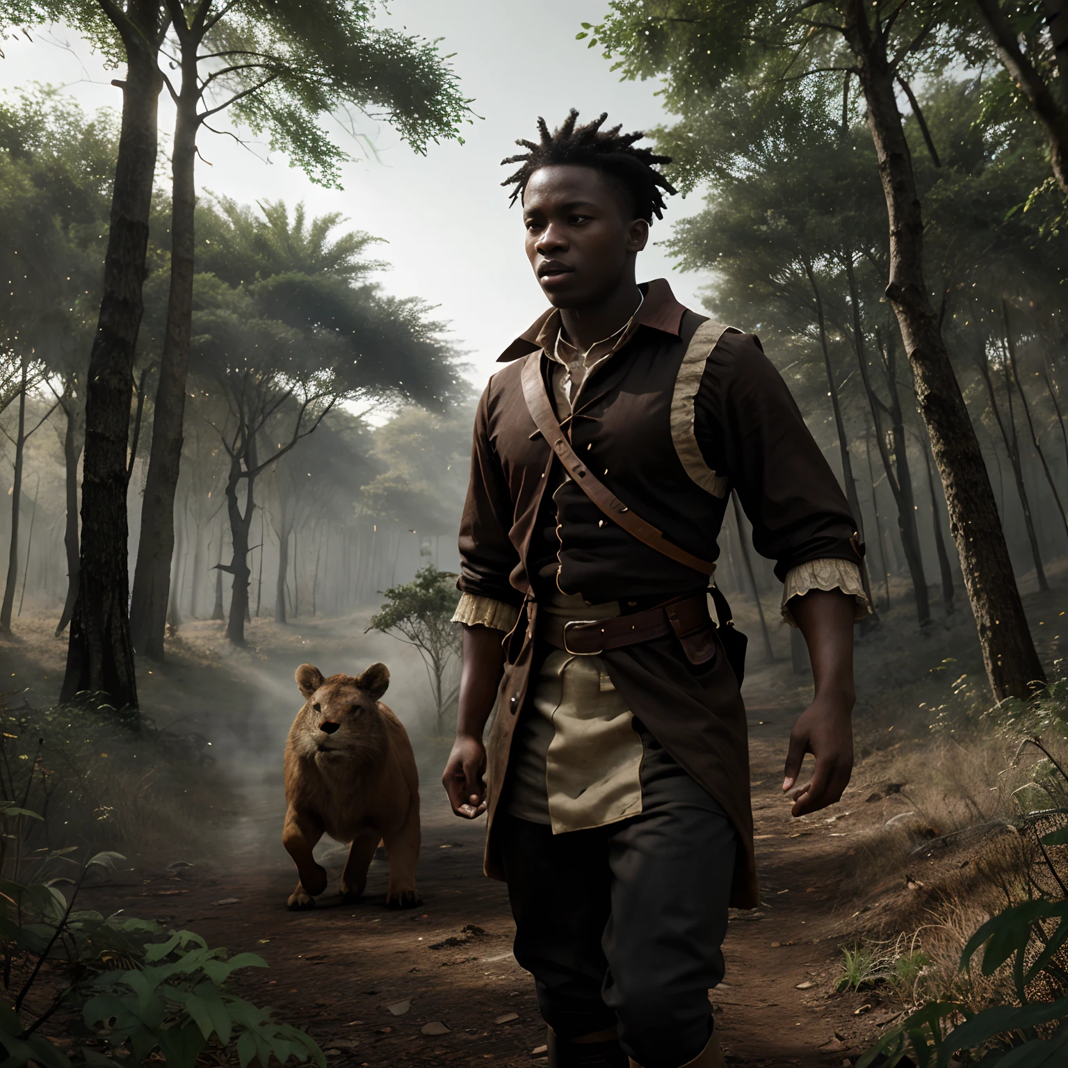 Imagine of an 18th century african young boy, dressed in 18th century hunter's dress, fighting a wild beast in the thick forest, 1:1 dimension, 8k high resolution, Cinematic, epic, Hyper-realistic, real image