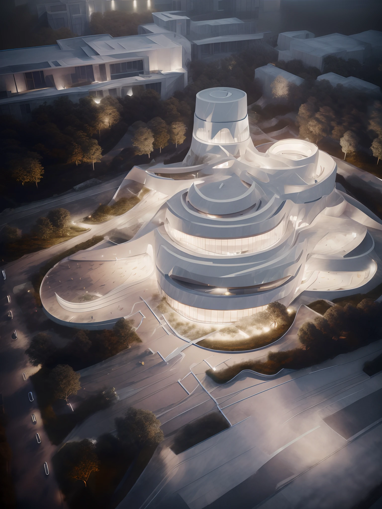 exterior, art museum, night light, high quality, many people, in the city, many trees, water surface, photo 8k, vray