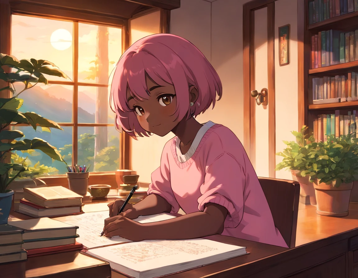 A cute and beautiful ((darkskin)) girl studying a cozy study desk, sweet sunset serene colour palate, filled with plants and flowers and bookshelf, camera zoomed in at her studying overlooking a beautiful natural scenery, camera shot in a such a way the landscape is more in view with a little of her back showing. (Pink short hair), cozy sweater, holding pen in one hand, well drawn hands, view through the large windowsill, takes much of the picture space, (dark skin)
