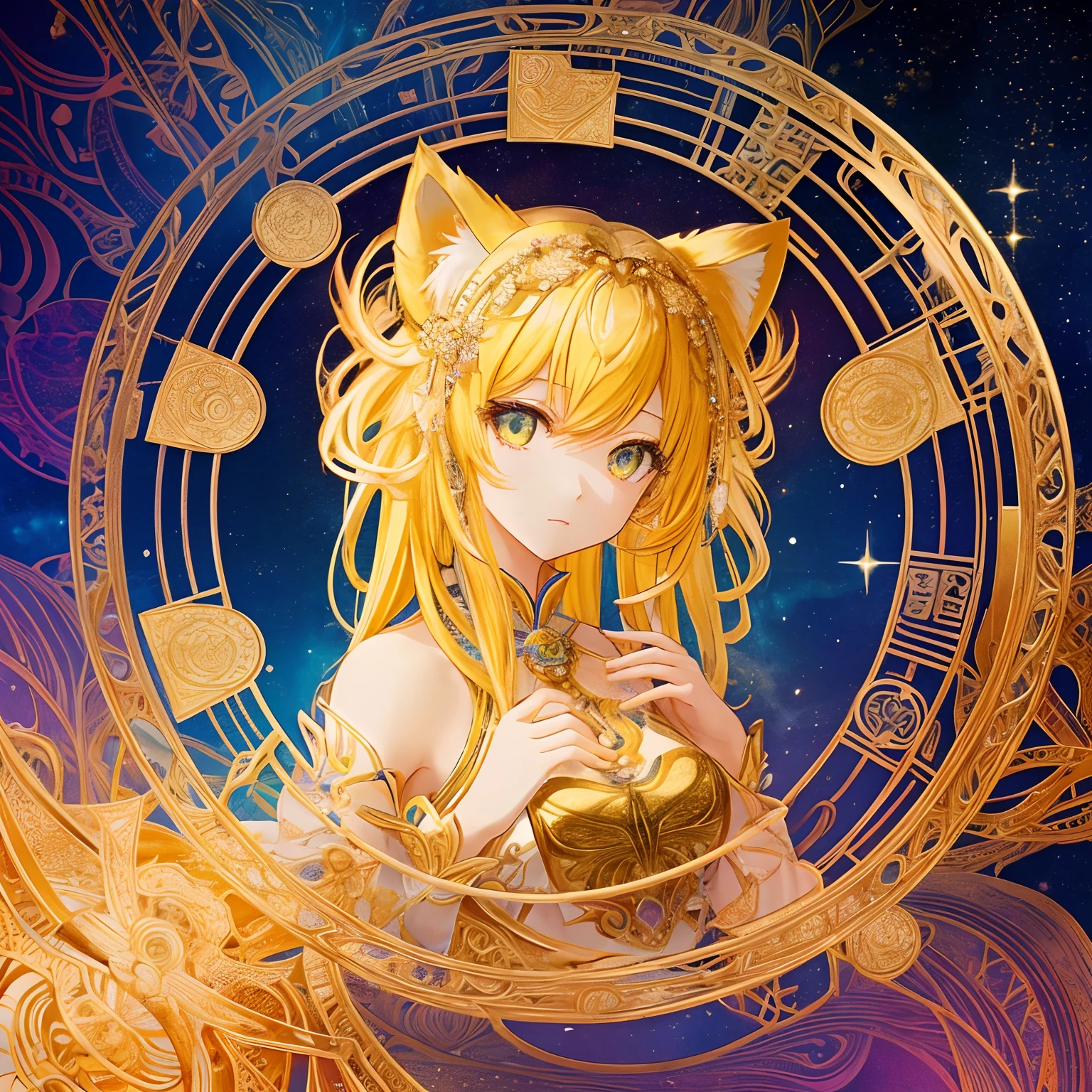 Beautuful Women、realisticlying、(​masterpiece、top-quality、top-quality、Official Art、Beautifully Aesthetic:1.2)、Highly detailed fractal art、colourfull、The most detailed、Leo、(abstract background:1.5)(1girl in:1.3)、(Cat class)、yellow  hair、Bright eye、Serious、combed、shorth hair、、milkyway、Giant magic gold Leo Astrolabe、Dreams、Fantasia、gold trim、Beautiful detailed sky、Style and decoration for the goddess of Leo、(NSFW:0.8)
Delicate Positive and High Glass Guardrail Board