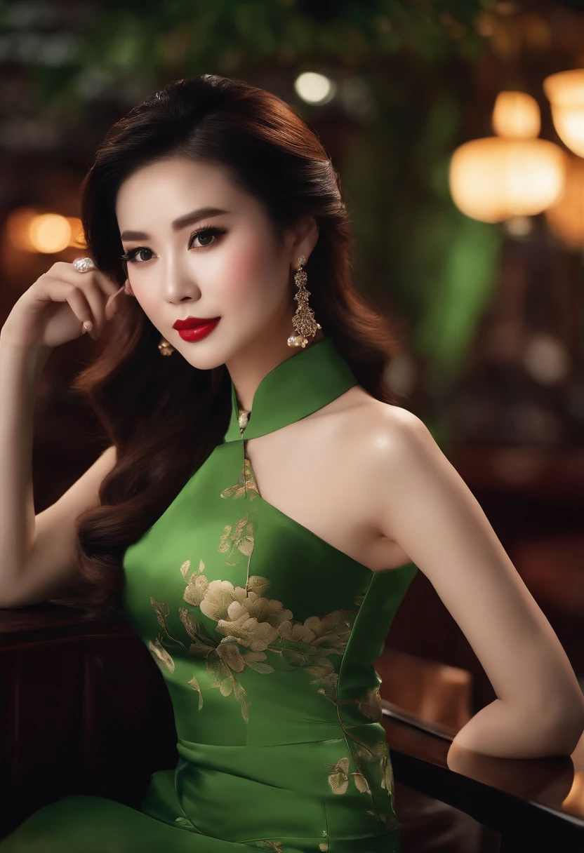 A beautiful woman in a gorgeous slim-fitting cheongsam,Green,Ink elements,Enchanting sensual,The background is in a KTV box
