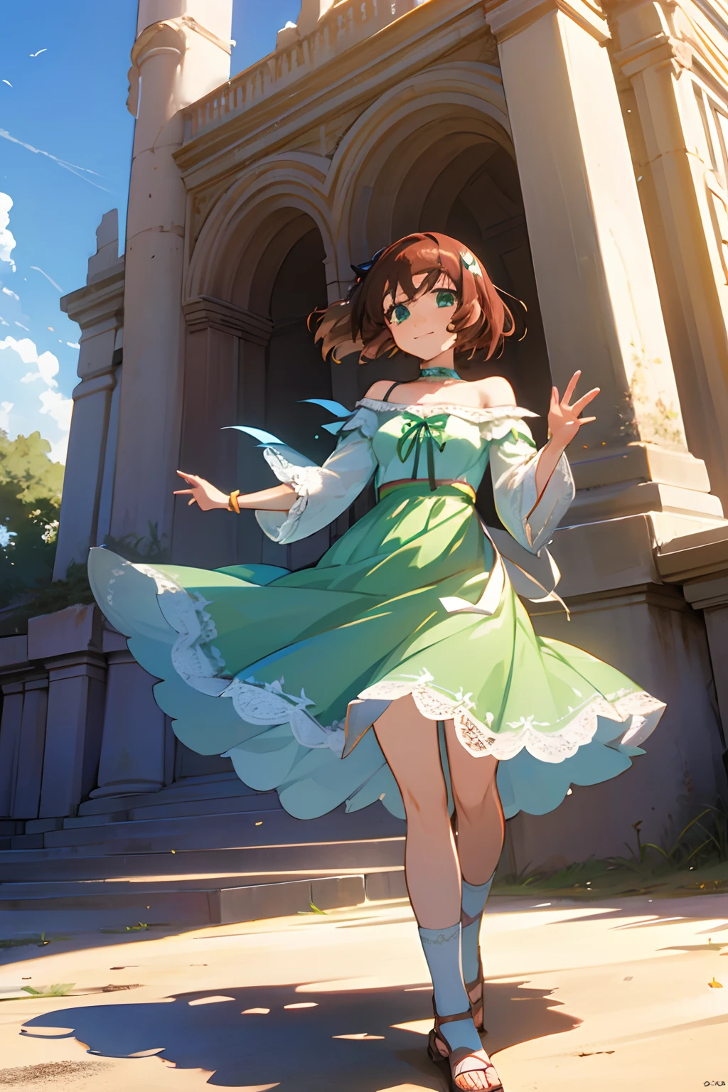 shoko sashinami, valvrave, 1 girl, brown hair, green eyes, fantasy world, ruins, fort, beautiful sky, shining sky, sunshine, smiling, waving, lace socks, sandals, wristband, ribbon choker, wind blowing dress, lace dress, off-shoulder sleeves