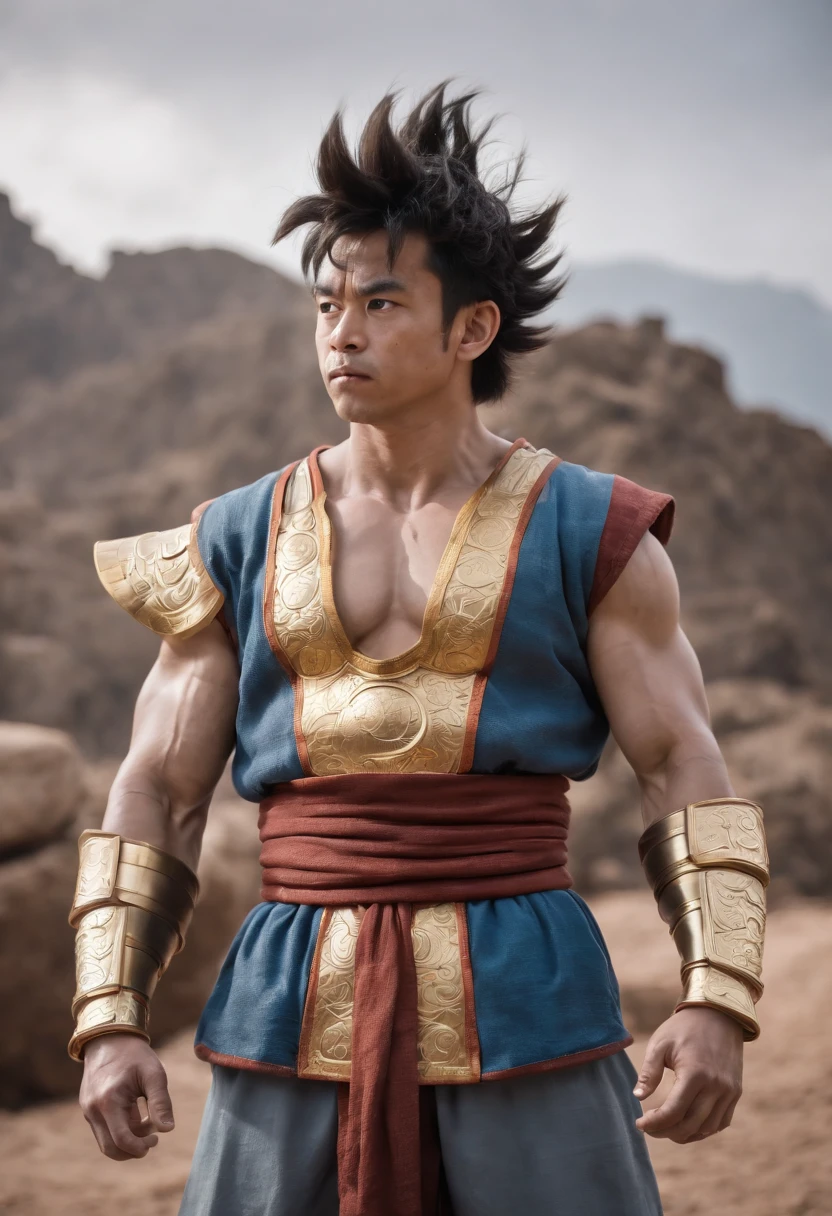 Goku usando armadura de ouro do cavaleiros do zodiaco e com a lamina do caos do kratos