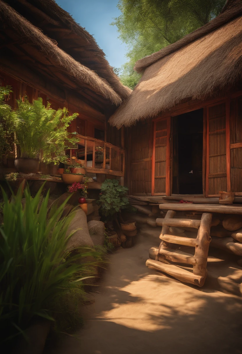 Beautiful Zhuang village,In the village,Children dressed in Zhuang costumes found a magical bamboo tube in the corner of the village,It was filled with colorful strips of paper,Nature,Playful and lively,Wooden house,cozily,warm,Sunlight,Blue sky and breezy,A gentle breeze,Unity and happiness,8K,rendering,Renderer rendering,unreal engine 5 render,Natural lighting