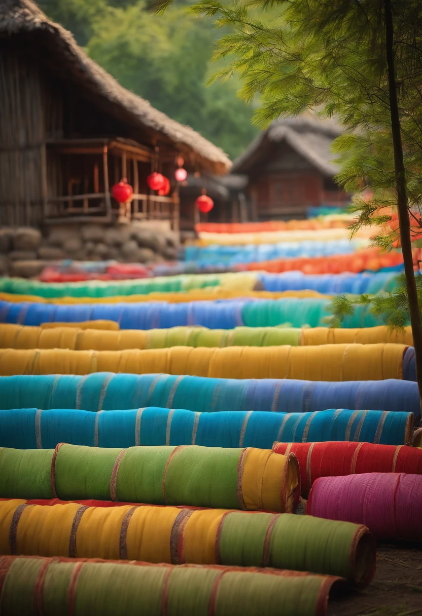 Beautiful Zhuang village，In the village，Children dressed in Zhuang costumes found a magical bamboo tube in the corner of the village，It was filled with colorful strips of paper，Nature，Playful and lively，Wooden house，cozily，warm，Sunlight，Blue sky and breezy，A gentle breeze，Unity and happiness，8K，rendering，Renderer rendering，unreal engine 5 render，Natural lighting