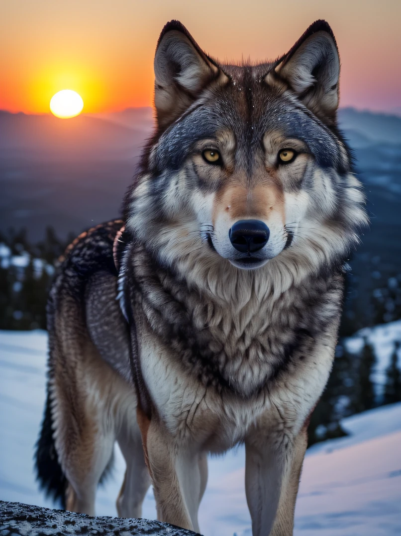 ((hightquality、hight resolution、masterpiece、ultra-quality、ultra-detailliert、a picture、Photorealsitic、foco nítido、photographrealistic、Raw photography))、High brightness、Beautiful wolf howling on a hill、Male gray wolf、howling、the setting sun、Dark theme