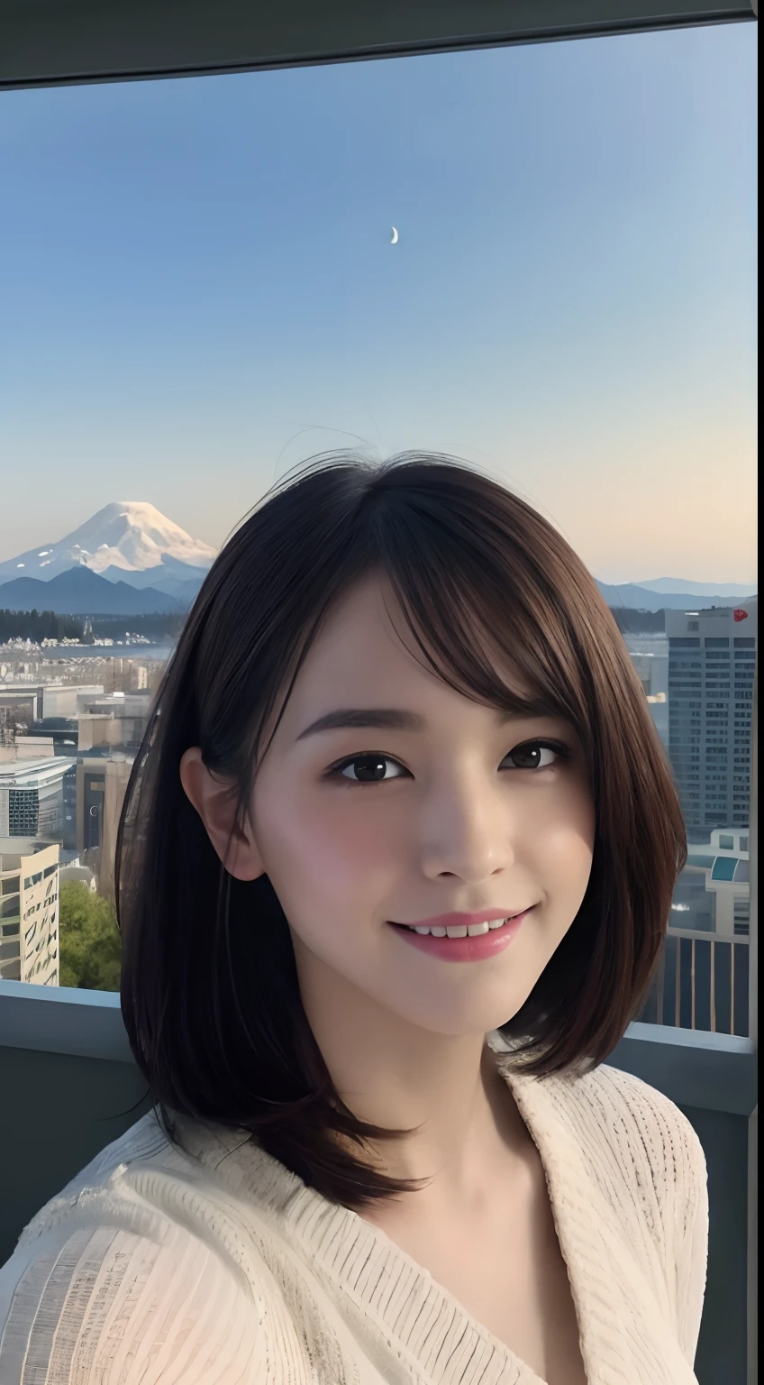 (A hyper-realistic), (hight resolution), (8K), (ighly detailed), (beatiful detailed eyes), (top-quality), (ultra-detailliert), (masterpiece), (A detailed face), softfocus、face of emma watson、Colossal tits、japanes、Americans、Shot from downtown Seattle、You can see the Space Needle、You can also see Mount Rainier、modern attire、A smile、