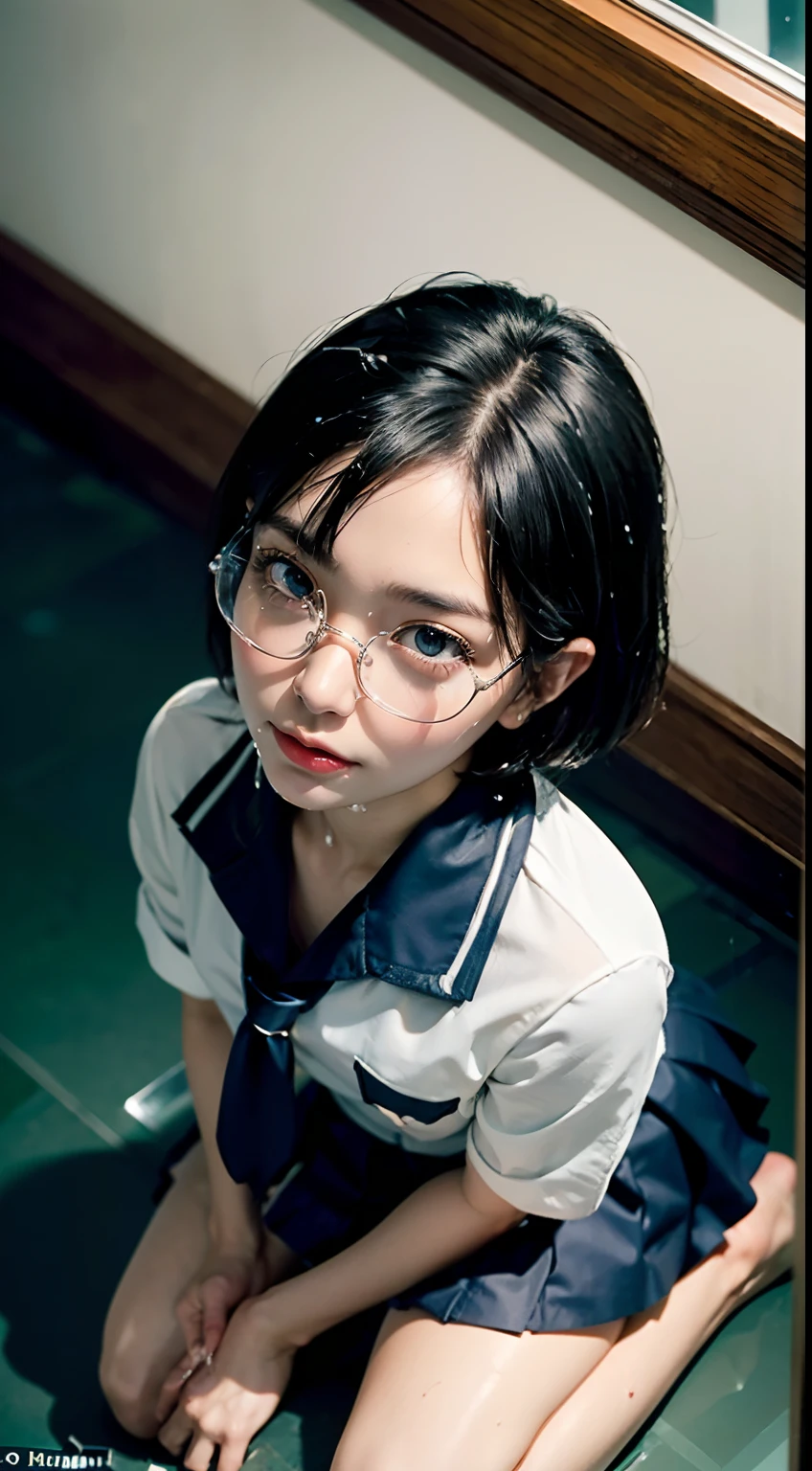 (((Looking down:1.8, looking up at camera:1.8))), (((thick white liquid dripping on the face and glasses,:2.0))), (((shool uniform:1.8))), (((eye glass:1.8, student clothes:1.8, wariza:1.8))), (school classrooms:1.8), (ssmile:1.8, closing eye:1.5), 1girl in, 独奏, 18year old, 7headed body, Ideal ratio body proportions, erectile nipple, short-hair, A dark-haired, With bangs, small tits, A slender, Small buttocks, beauty legs, Skinny Legs, surrealism, Cinematic lighting, depth of fields, One-person viewpoint, F/1.8, 135 mm, nffsw, masutepiece, ccurate, ((Anatomically correct:1.3)), Textured skin, Super Detail, high details, High quality, awardwinning, Best Quality, hight resolution, 8K