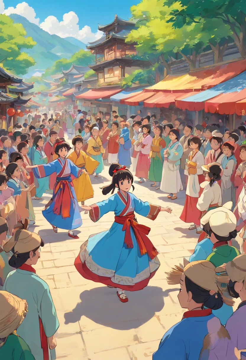 The Zhuang people are gathering to celebrate the Gyro Festival，A dozen people，Stand in the open space of the village，More than a dozen people were dressed in ethnic minority clothes，Sing and dance together，Sing and dance together to celebrate the holiday