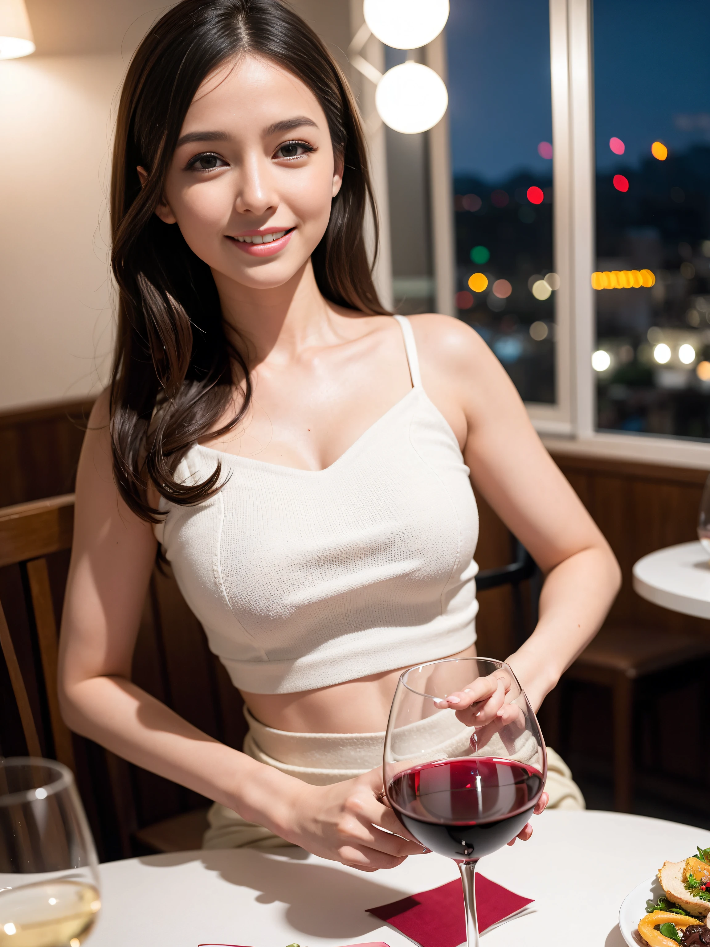 (64K, UHD, top quality, masterpiece: 1.2), (realistic, photorealistic: 1.37), super detailed, pretty woman 1 person, (slim face), (slim body), (brown hair), (short cut), cheeks slightly blushing, (44 years old), 38 years old, solo, beautiful detailed urban night view outside the window, restaurant, wine glasses sit, at night, in a prominent placeNovaFrogStyle, Actress, Model, Waist Up, White Wine, Slim, Wine Glass, Super Clean Night View, Wine Glass Put in the Middle, Happy Smile, (Smile: 1.15), Beautiful Fine Eyes, Upper Body, Bust Japan Up, Night, Short, Short, Actress, Model, Waist Up, White Wine, Slim, Wine Glass, Super Clean Night View, Wine Glass Put in the Middle, Happy Smile,