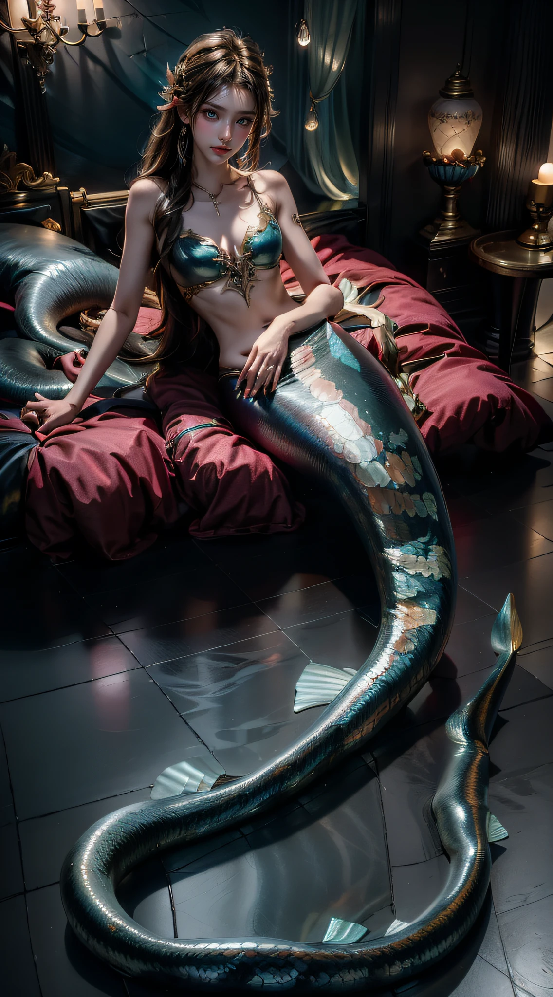 the sea（Underwater world），krakens，(Masterpiece, Best quality: 1.4), mermaids:1.2，（slender fish tail:1.3），Splendid scales，Real number scale，long whitr hair，Redlip，Big breasts and thin waist，Reflective skin，A detailed face，Delicate skin，Meticulous hands，Hand strengthening，Detailed limbs，（Real Human:1.7），high qulity，Anthropomorphic animals，dream magical，fairytale-like，mythological creatures，abdominals tattoo，Dim background，ultraclear，8K