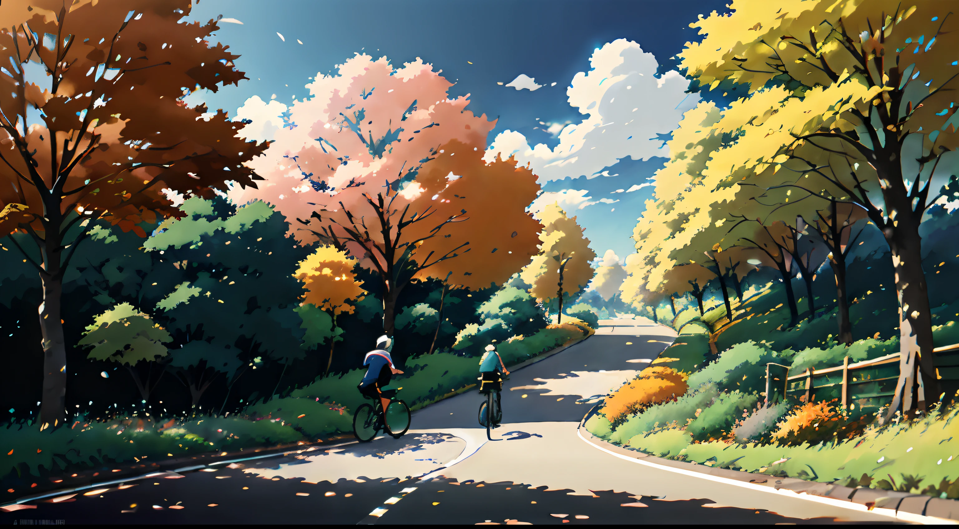 (cycliste seul: 1.5), (Realistic bike: 1.5), (realistic cyclist: 1.5), Plan en gros plan, Le meilleur des meilleurs, automne, Nuit, ciel sombre, Orange leaves, Feuilles qui tombent, Landscaped background, ombres, contraste, Makoto Shinkai (beste-Qualit:1.3), (high resolucion:1) Art par Studio Ghibli Style, impressionnisme, couleurs vibrantes