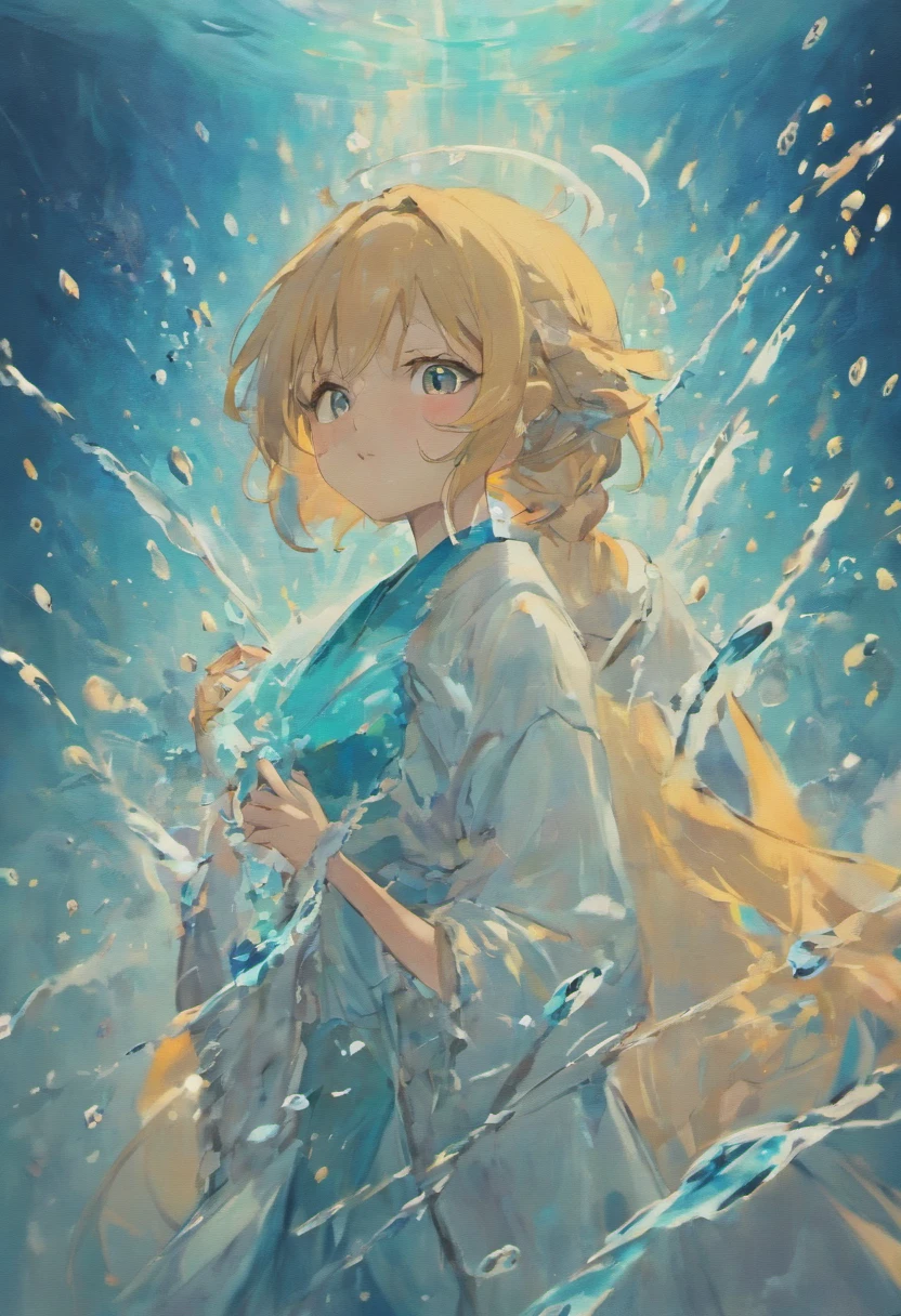 The picture shows a young woman applying a face mask,The female stands sideways,Hold the mask with both hands,The background is a blue splash of water。