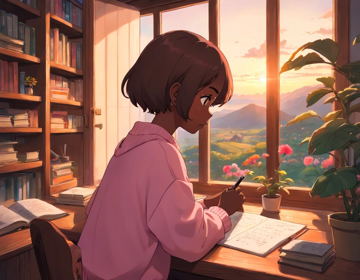 A cute and beautiful ((darkskin)) girl studying a cozy study desk, sweet sunset serene colour palate, filled with plants and flowers and bookshelf, camera zoomed in at her studying overlooking a beautiful natural scenery, camera shot in a such a way the landscape is more in view with a little of her back showing. (Pink short hair), cozy sweater, holding pen in one hand, well drawn hands, view through the large windowsill, takes much of the picture space, (dark skin), camera shot from the backside looking at the view,