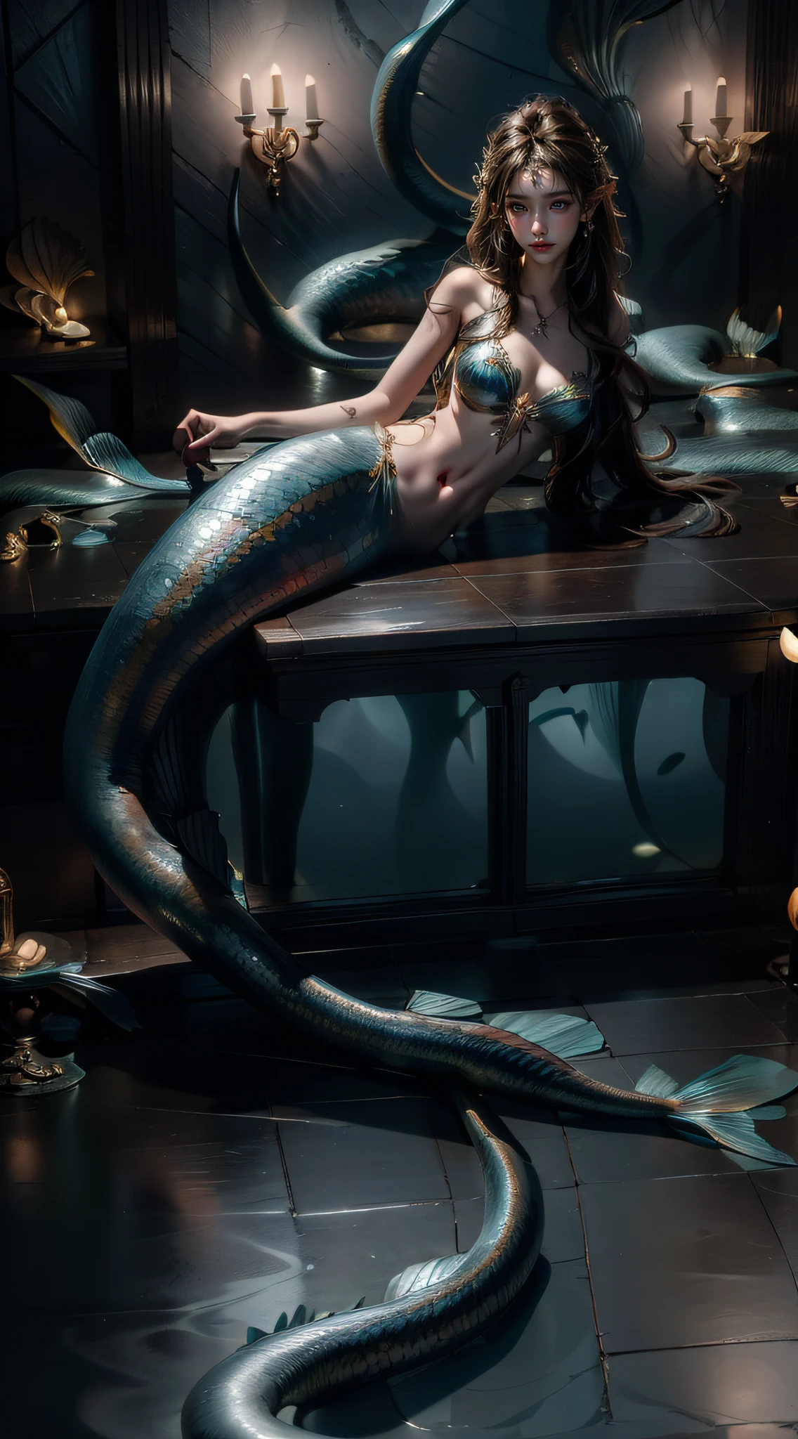 the sea（Underwater world），krakens，(Masterpiece, Best quality: 1.4), mermaids:1.2，（slender fish tail:1.3），Splendid scales，Real number scale，long whitr hair，Redlip，Big breasts and thin waist，Reflective skin，A detailed face，Delicate skin，Meticulous hands，Hand strengthening，Detailed limbs，（Real Human:1.7），high qulity，Anthropomorphic animals，dream magical，fairytale-like，mythological creatures，abdominals tattoo，Dim background，ultraclear，8K