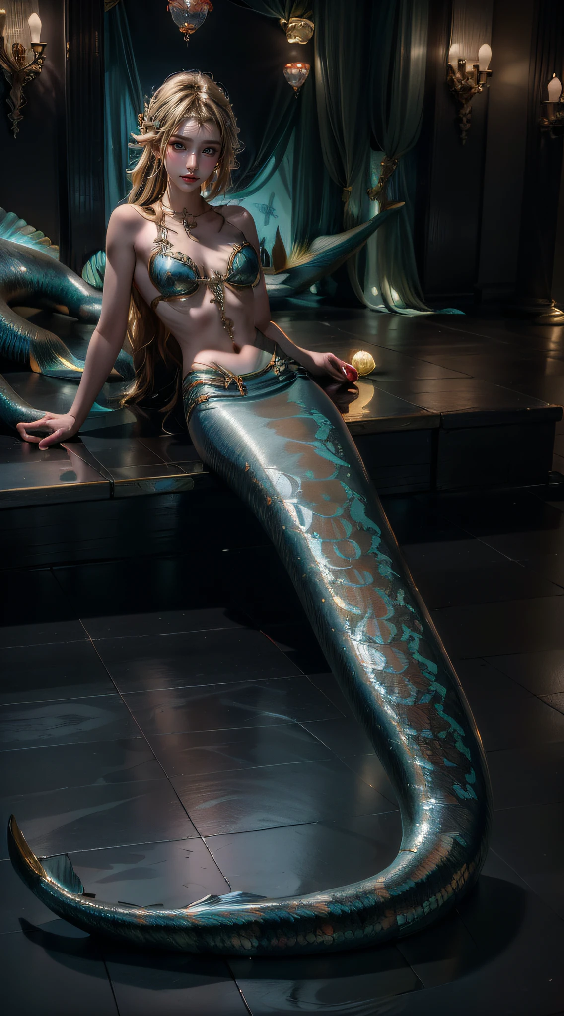 the sea(Underwater world),krakens,(Masterpiece, Best quality: 1.4), mermaids:1.2,(slender fish tail:1.3),Splendid scales,Real number scale,long whitr hair,Redlip,Big breasts and thin waist,Reflective skin,A detailed face,Delicate skin,Meticulous hands,Hand strengthening,Detailed limbs,(Real Human:1.7),high qulity,Anthropomorphic animals,dream magical,fairytale-like,mythological creatures,abdominals tattoo,Dim background,ultraclear,8K