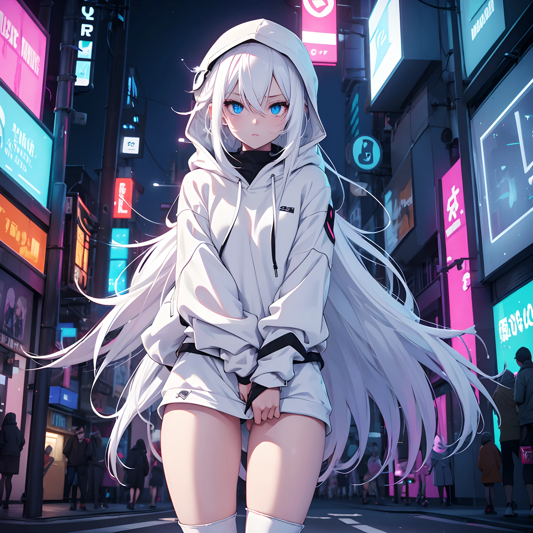 On the web Neon Street，one female，Long white hair，White pupils，Broken hood，shorter pants，spread their legs