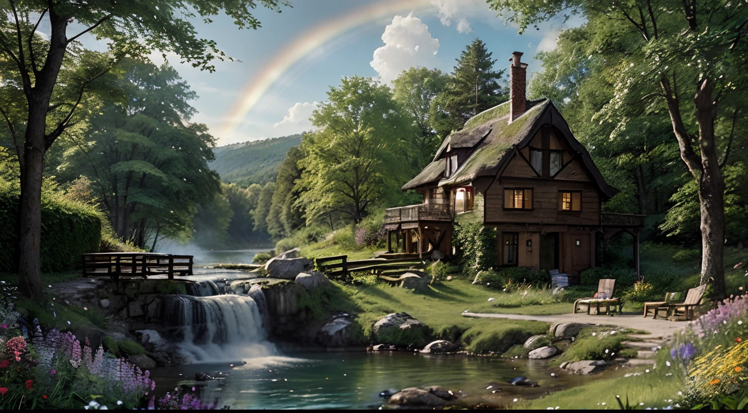 Imagine a painting that showcases an idyllic cottage nestled on the edge of a magical forest, offering a gorgeous view that captivates the imagination. Paint the cottage with whimsical charm, using soft brushstrokes and warm colors. Depict the forest with a variety of trees, flowers, and mystical creatures, creating an enchanting atmosphere. Emphasize the stunning view by incorporating elements such as a vibrant rainbow, a shimmering waterfall, or a field of wildflowers that stretches as far as the eye can see.