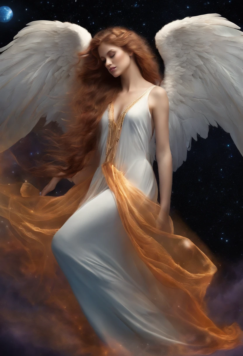 masterpiece, Highest quality, White gown, Angel, Angel wings, Golden halo,(Mouth closed:1.2), View your viewers, Put your arms behind your back, starry skies, Countless magic circles