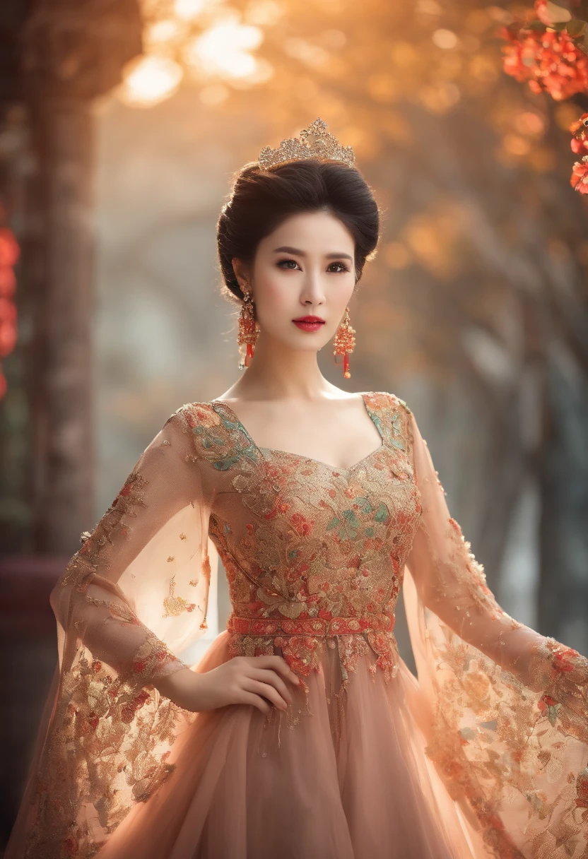 A beautiful woman in a gorgeous slim princess wide-sleeved dress,Chinese and Western elements