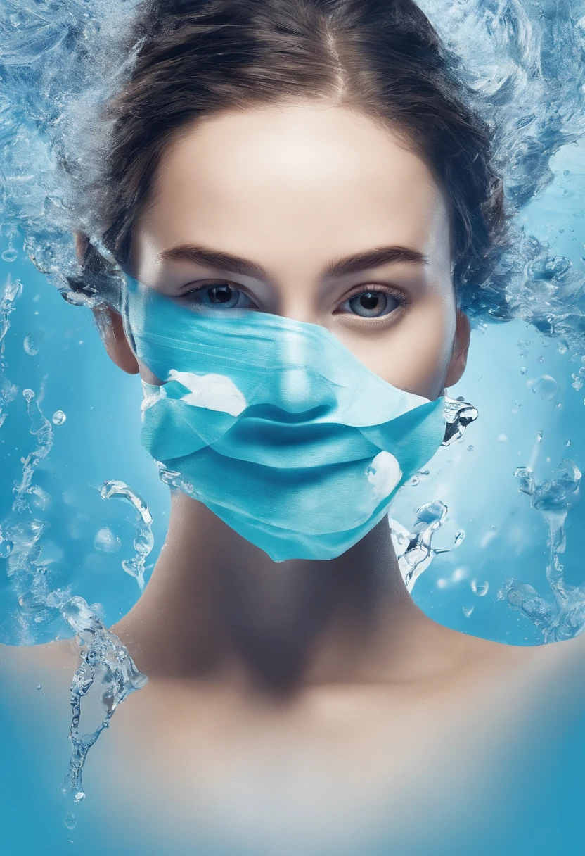 The picture shows a young woman applying a face mask，The female stands sideways，Hold the mask with both hands，The background is a blue splash of water。