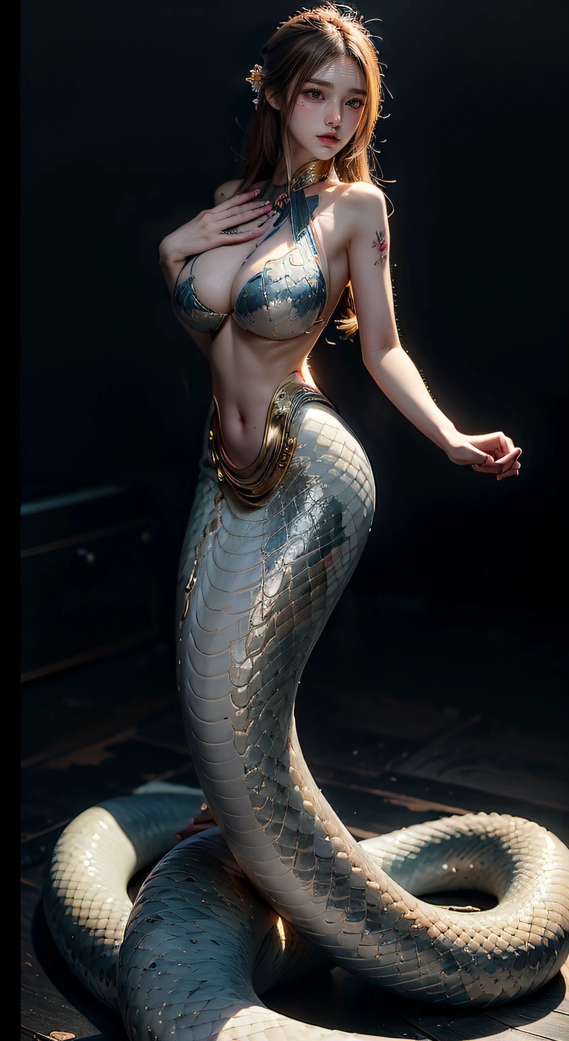 （golden colored:1.2），((Best picture quality, 8K, tmasterpiece:1.3)), 1 mature girl, Slender abs:1.3, (Casual hairstyle, No leakage of big breasts:1.2), White scales:1.1, （mermaids：1.2），（Elongated white snake tail：1.3），Ultra-fine face, A detailed eye, 二重まぶた，Cold，graceful and dignified，Duan，Letter tattoos，8K