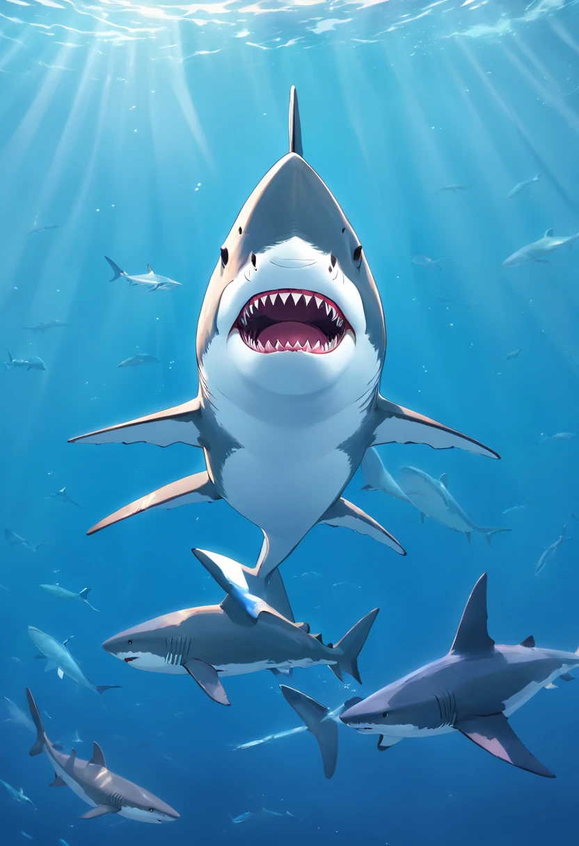 Great white shark,Cartoony,,Lots of great white sharks,No Man,high high quality,Five sharks in the sea,
