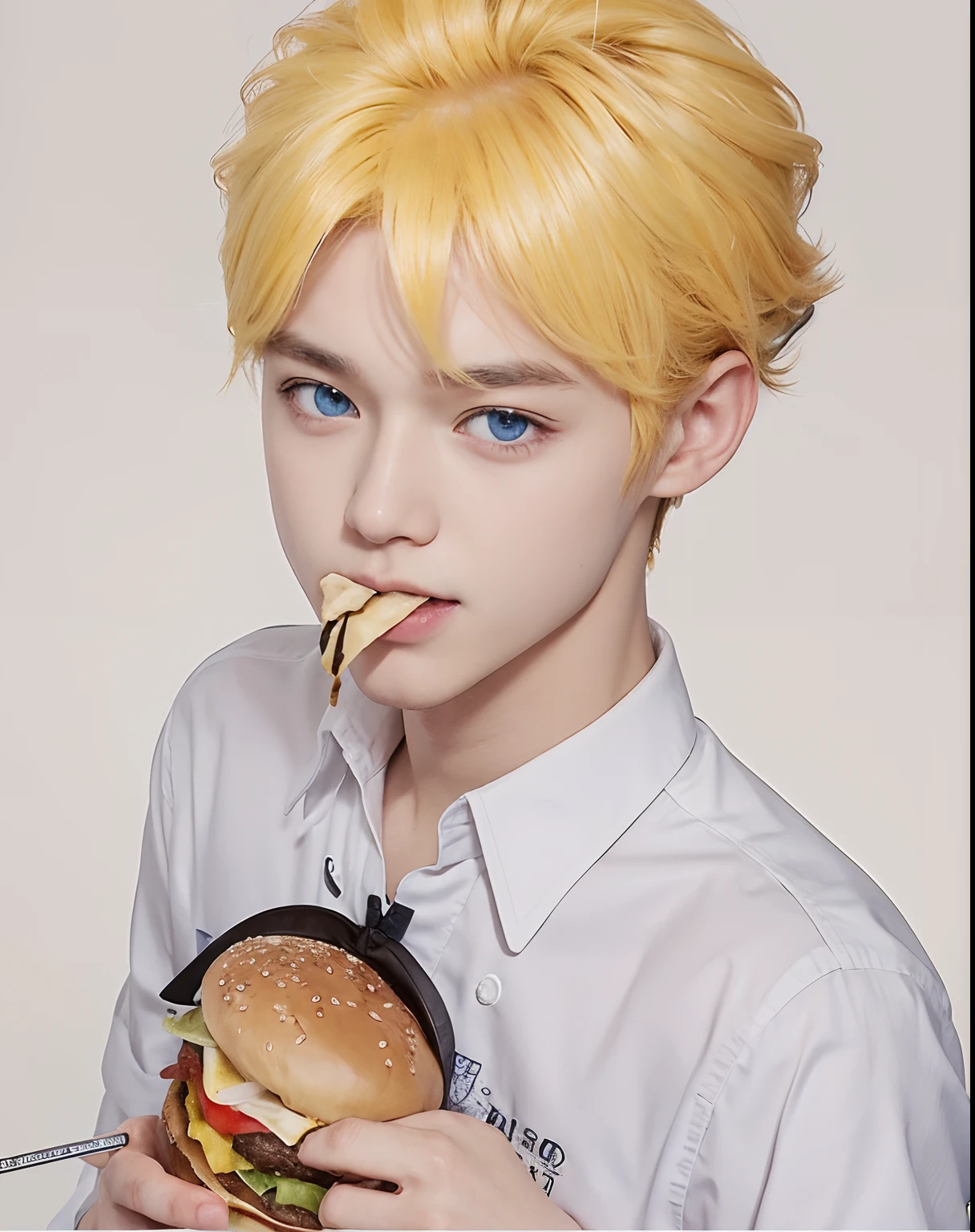A boy is eating a realistic burger, realistic yellow hair, realistic blue eyes,Realistic Korean teenager handsome face, realistic cool expression, hand holding realistic burger,Adapt clothes to exactly match the photo, realistic light, realistic shadows, realistic background