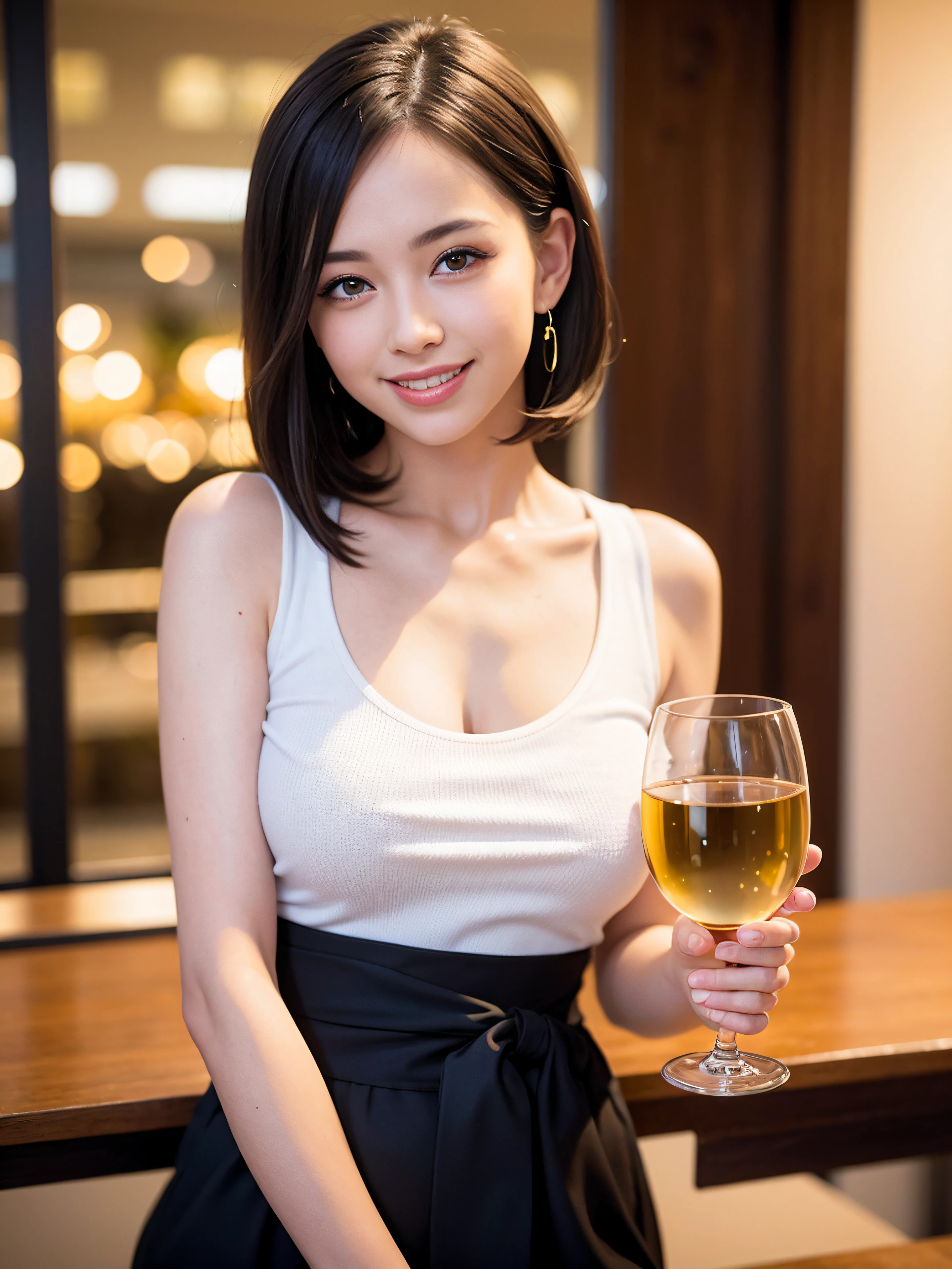 (64K, UHD, top quality, masterpiece: 1.2), (realistic, photorealistic: 1.37), super detailed, pretty woman 1 person, (slim face), (slim body), (brown hair), (short cut), cheeks slightly blushing, (44 years old), 38 years old, solo, beautiful detailed urban night view outside the window, restaurant, wine glasses sit, at night, in a prominent placeNovaFrogStyle, Actress, Model, Waist Up, White Wine, Slim, Wine Glass, Super Clean Night View, Wine Glass Put in the Middle, Happy Smile, (Smile: 1.15), Beautiful Fine Eyes, Upper Body, Bust Japan Up, Night, Short, Short, Actress, Model, Waist Up, White Wine, Slim, Wine Glass, Super Clean Night View, Wine Glass Put in the Middle, Happy Smile,